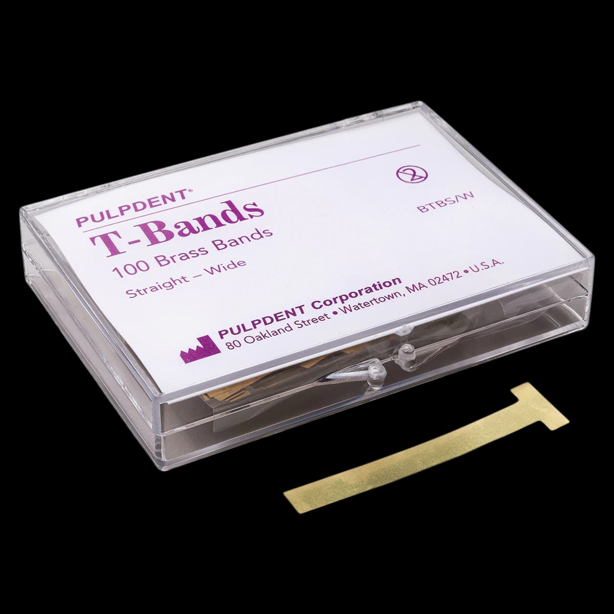 Pulpdent T-Bands, Straight, Wide, Brass, 0.002" (0.05 mm) Thick, 100/Box, BTBS/W - T-Bands, Straight, Wide, Brass, 100/Pk, BTBS/W - Image 1
