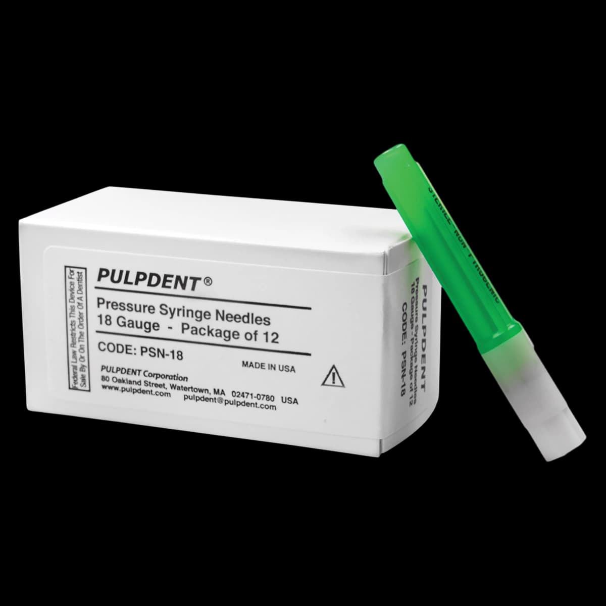 Pulpdent Pressure Syringe Needle, 18 Gauge x 1-1/4", Green, Disposable, 12/Box (PSN-18) - 18Gax1-1/4" Green Pressure Syringe Needles (12) - Image 1