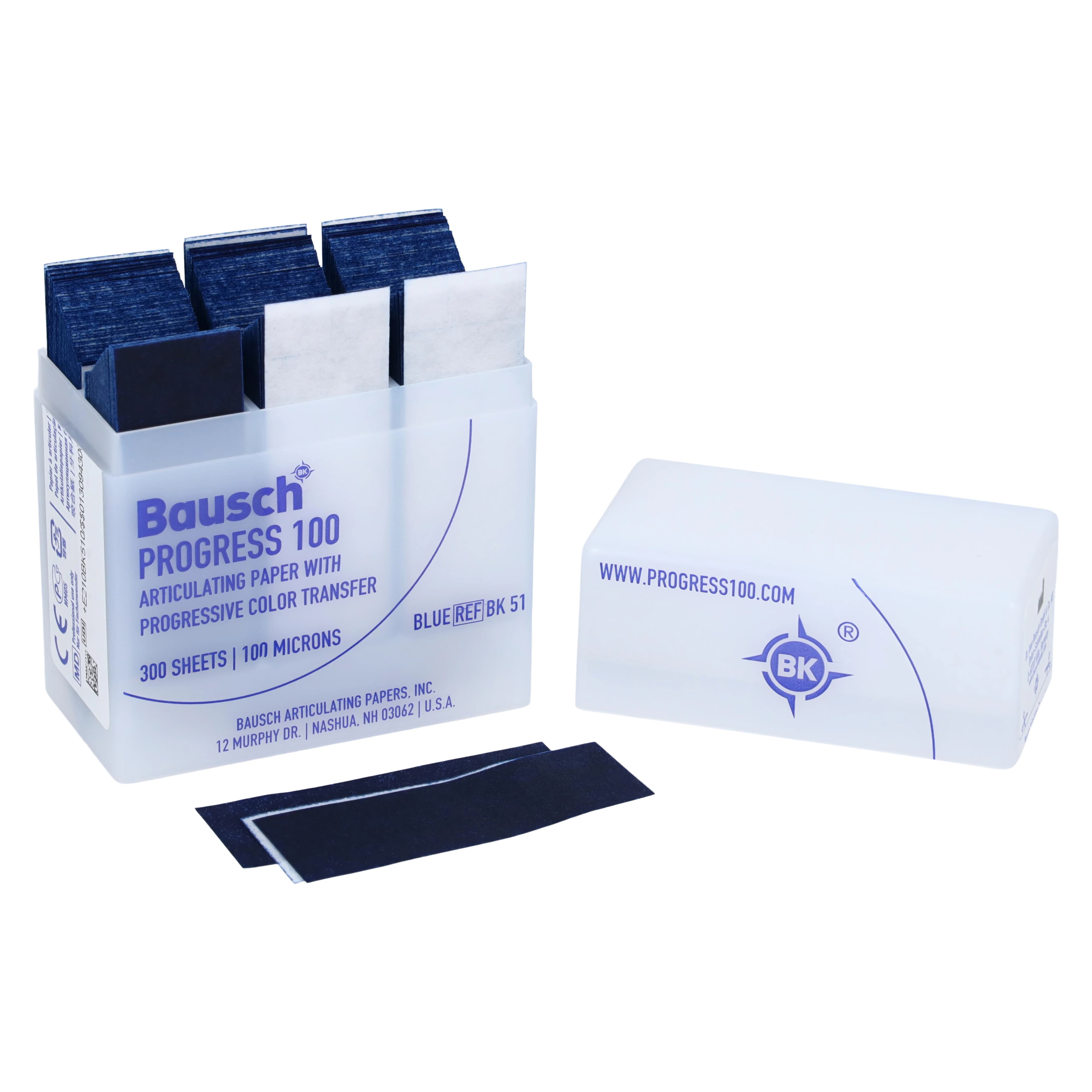 Bausch Progress 100 Articulating Paper, 100 Micron, Blue, Plastic Dispenser, 300 Strips, BK-51 - Progress 100 Plastic Dispenser - Image 1