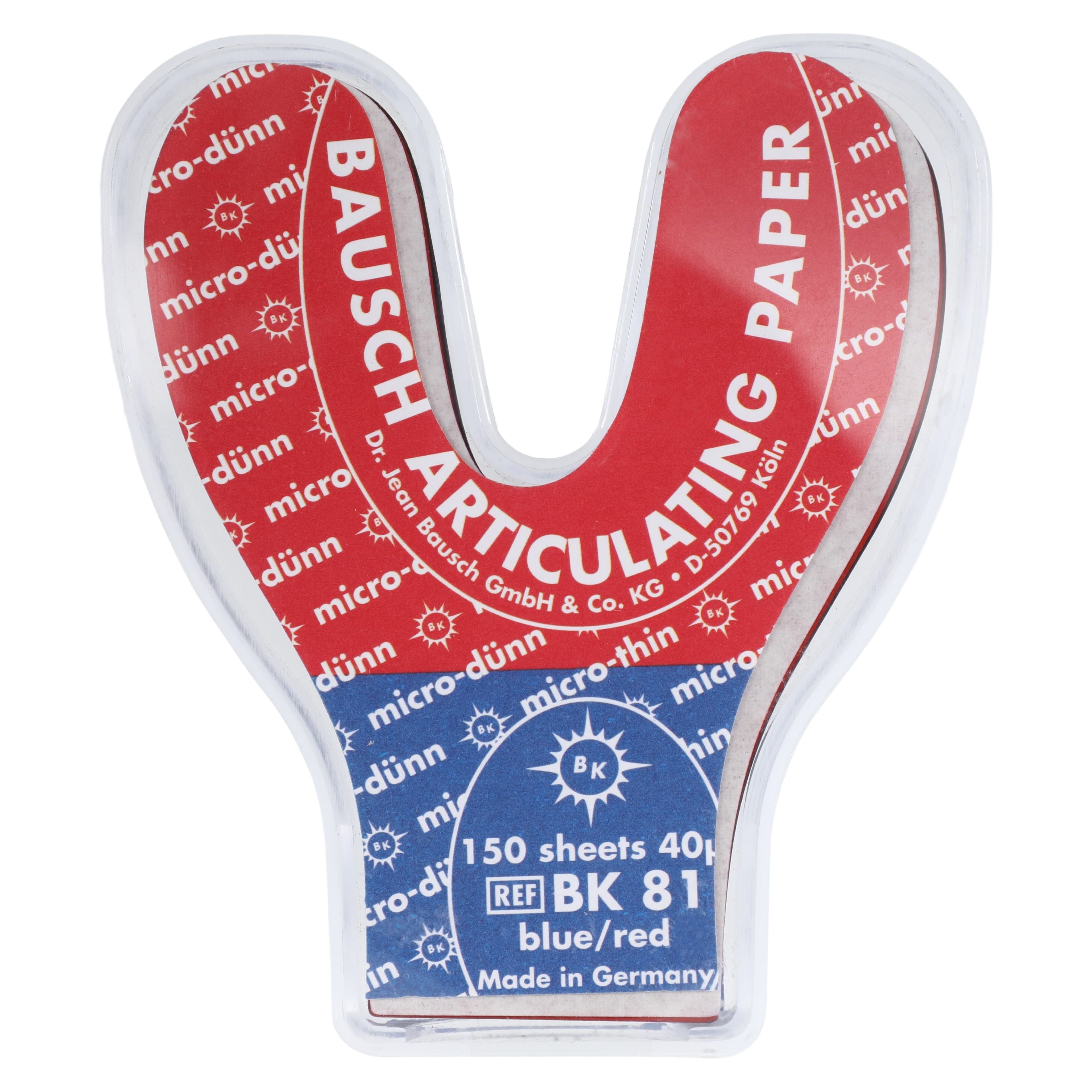 Bausch Arti-Check Micro-Thin Articulating Paper, Horseshoe, 40 Microns, Blue/Red, 150 Sheets, BK-81 thumbnail 3