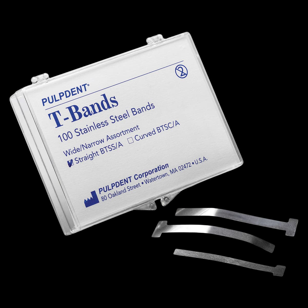 Pulpdent T-Bands, Straight/Wide, Stainless Steel, 0.002" (0.05 mm) Thick, 100/Box, BTSS/W - T-Bands, Straight, Wide, Stainless Steel, 0.002 Inch, 0.05 mm, 100/Pk, BTSS/W - Image 1