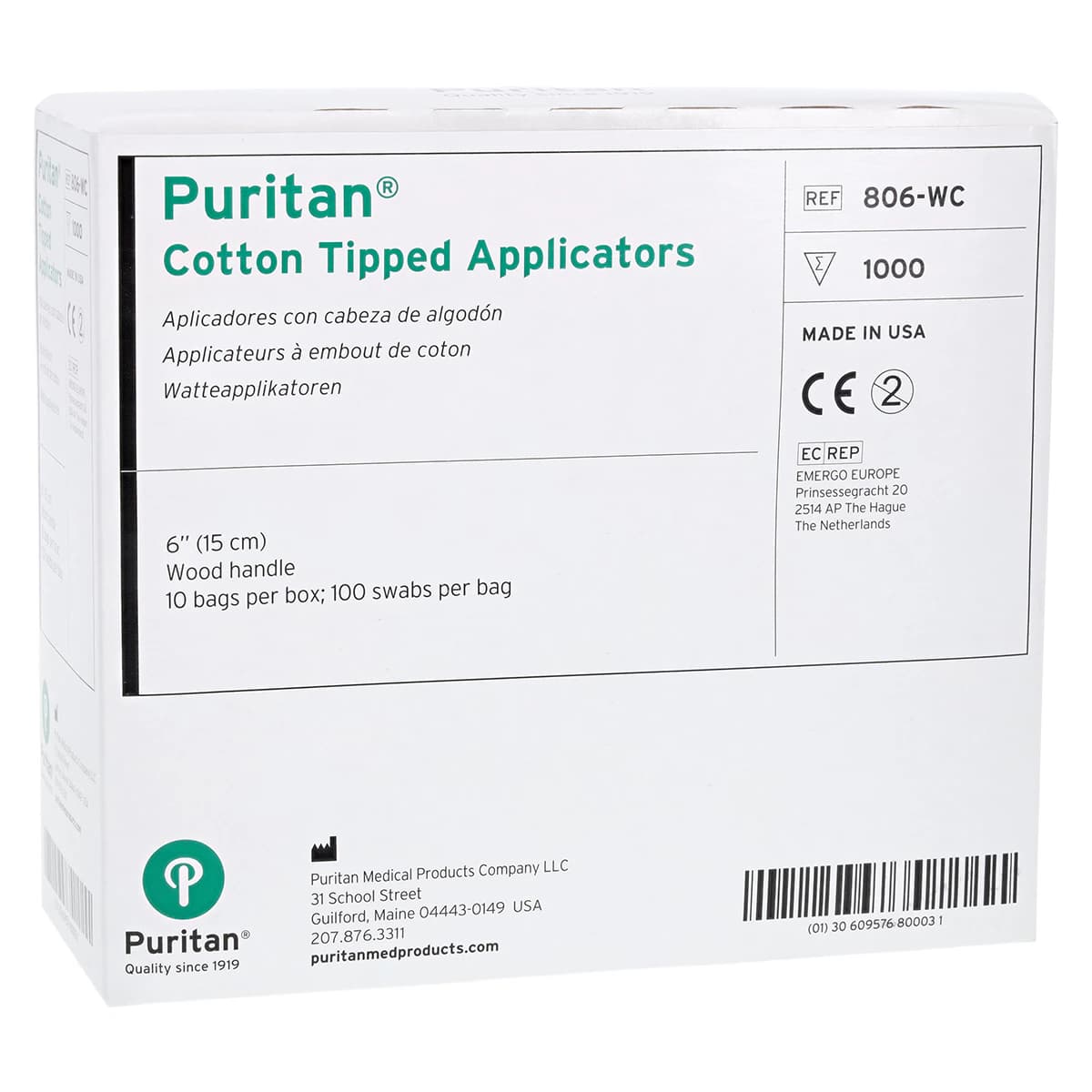Puritan Cotton-Tipped Applicators, Sterile, 6 in Wood Shaft, 1000/Box - Applicator Ctn Tip Std Wood NS - Image 1
