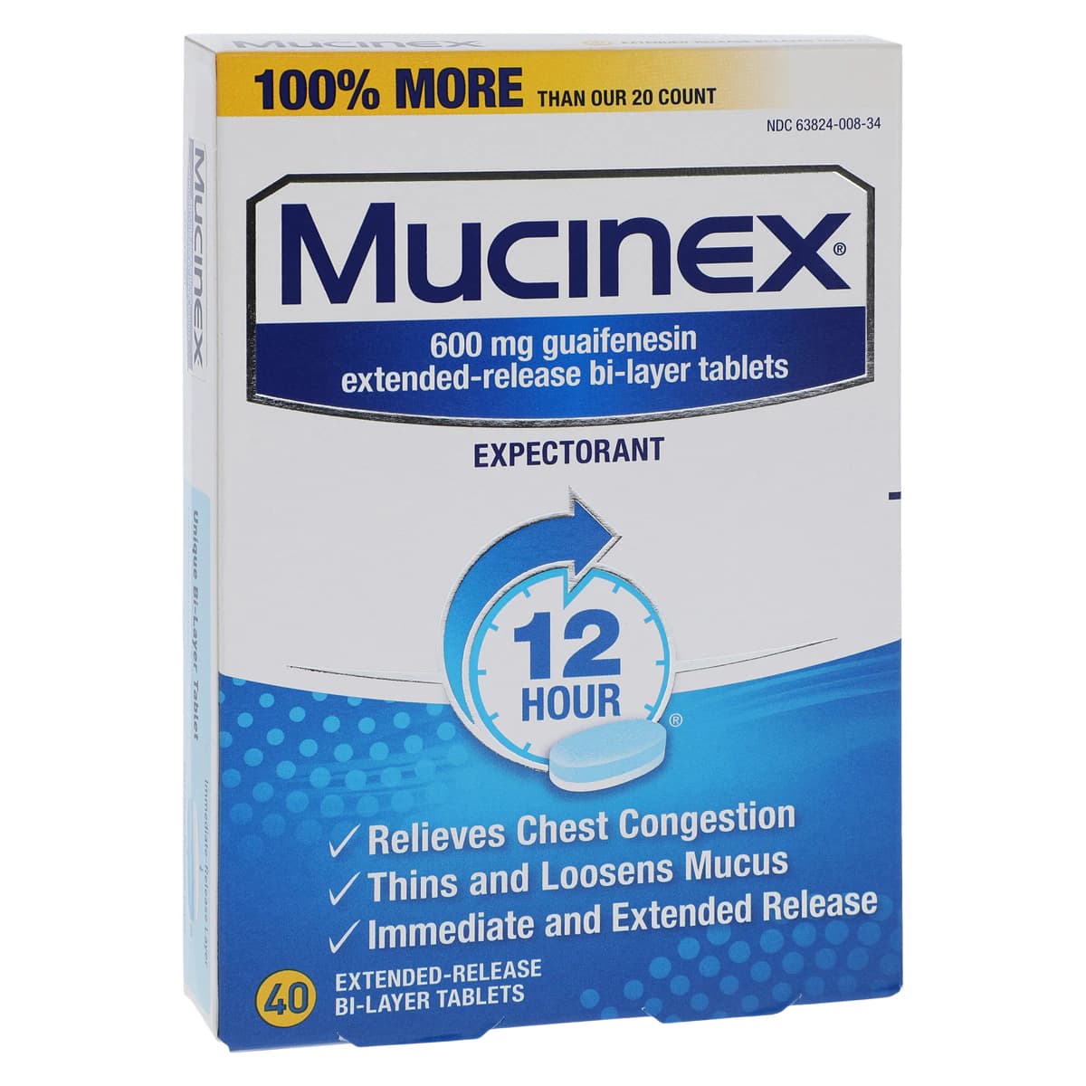 Mucinex Expectorant ER Tablets, 600mg Extended Release, 40/Box - Mucinex Expectorant ER Tablets - Image 1