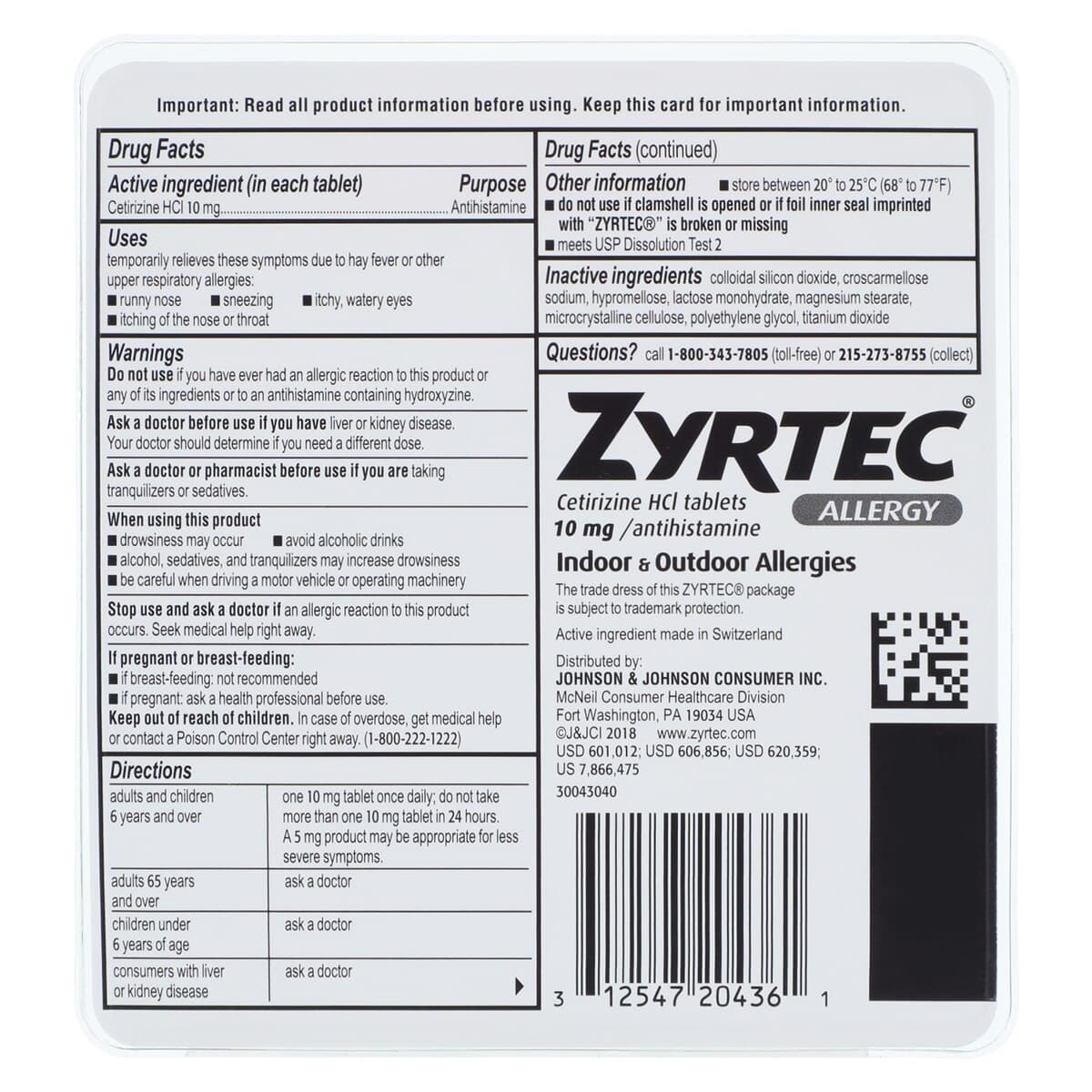 Zyrtec OTC Allergy Tablets, Cetirizine HCl 10 mg, 30 Count Bottle thumbnail 2