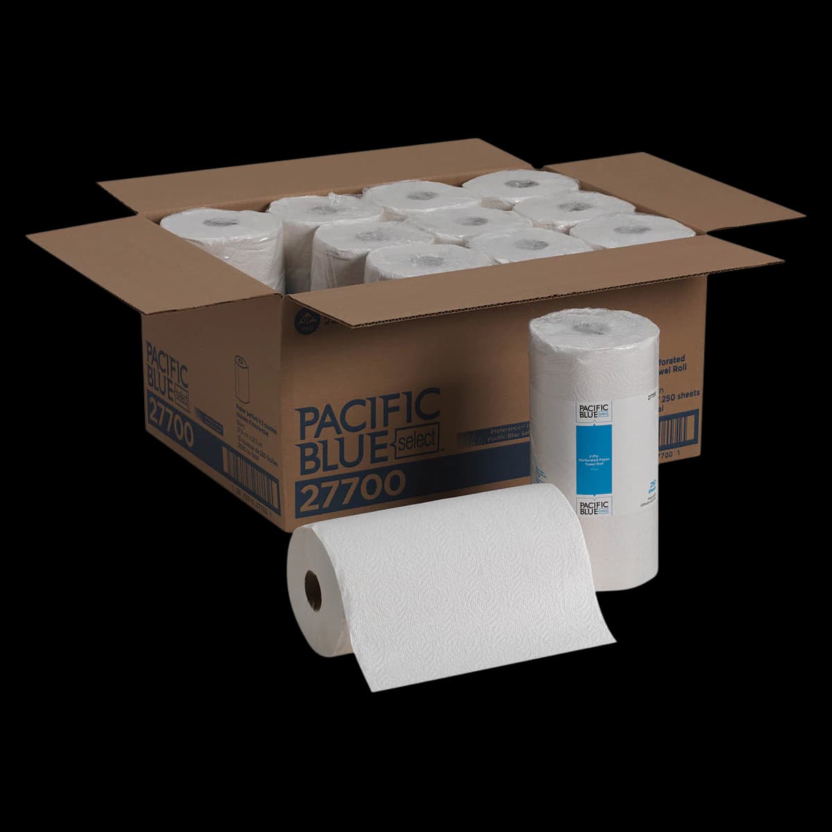Georgia-Pacific Pacific Blue Select Jumbo Perforated Paper Towel Rolls, 2-Ply, 11" x 8.8", White, 250 Sheets/Roll, 12 Rolls/Case, 27700 - Georgia Pacific Professional Blue Select Two-Ply Perforated Paper Kitchen Roll Towels - Image 1