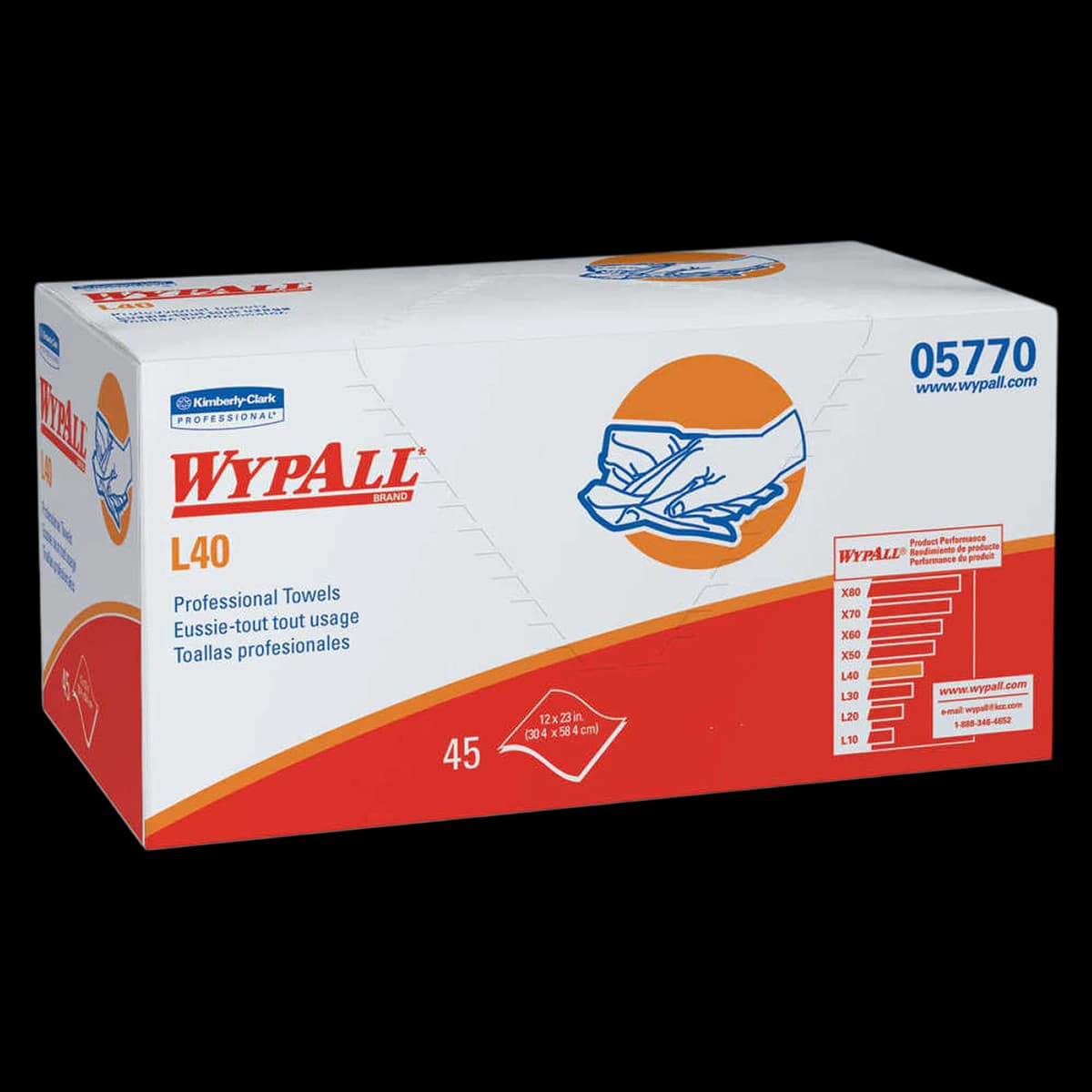 Kimberly-Clark WypAll L40 Professional Towel, 1-Ply, Hydro-Entangled Fibers, 12 in x 23 in, White, 45/Pack, 12 Packs/Case - Wypall Prof Towel 1-Ply - Image 1