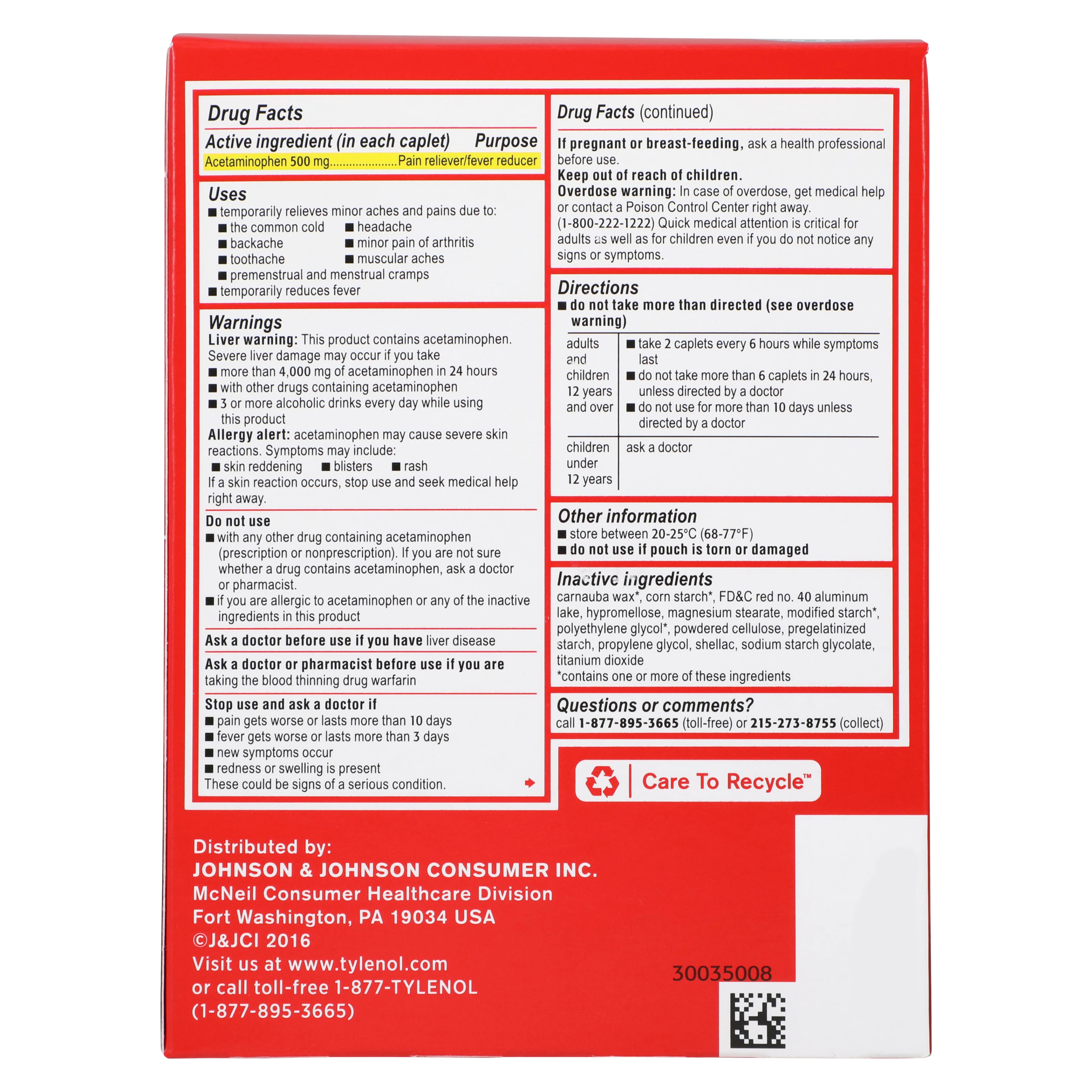 Tylenol Extra Strength Caplets, 500mg, Pain Reliever/Fever Reducer, 50x2/Box, Industrial Pack thumbnail 5