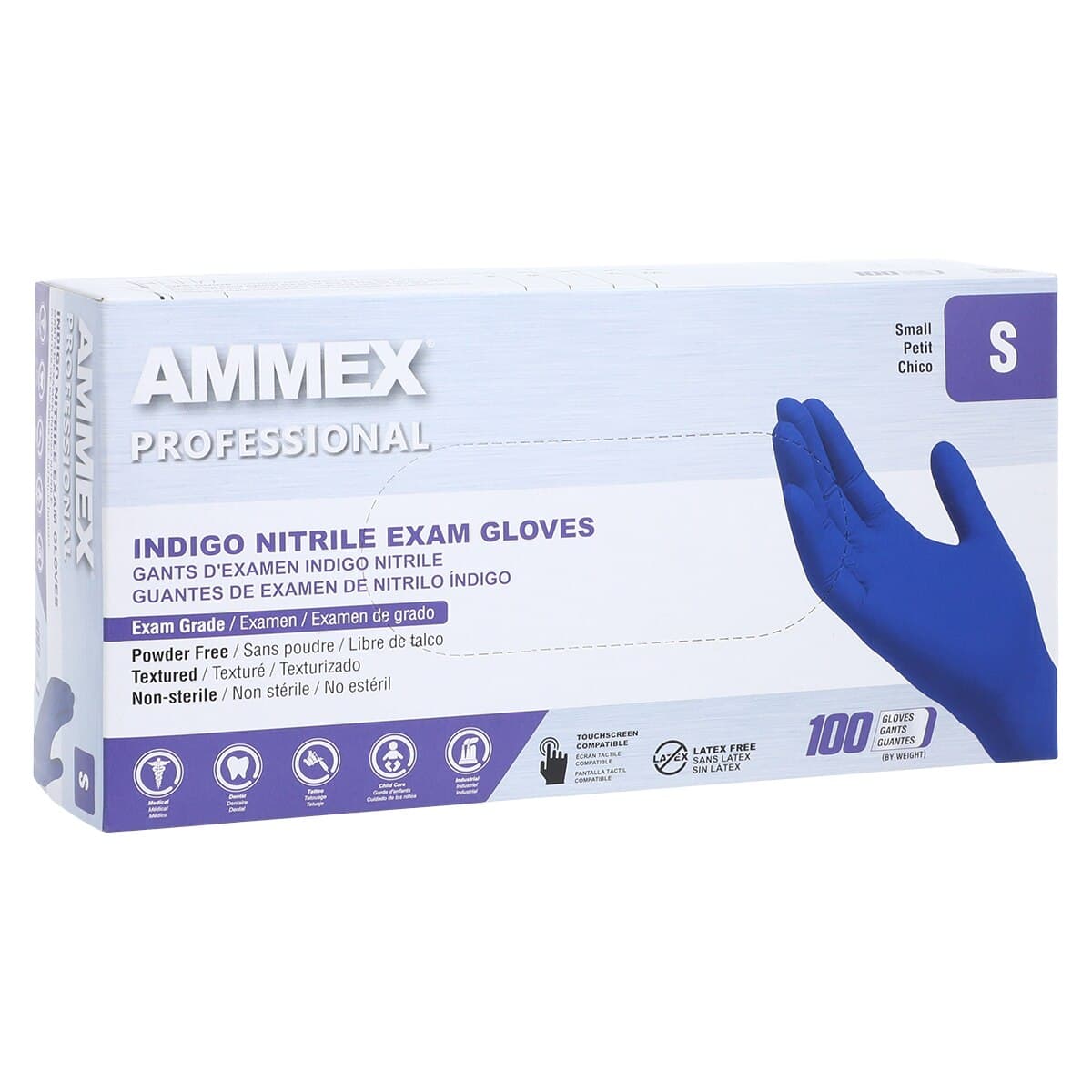 Ammex Indigo Nitrile Exam Gloves, Powder Free, Latex Free, Non-Sterile, Textured, Small, 100/Box thumbnail 4