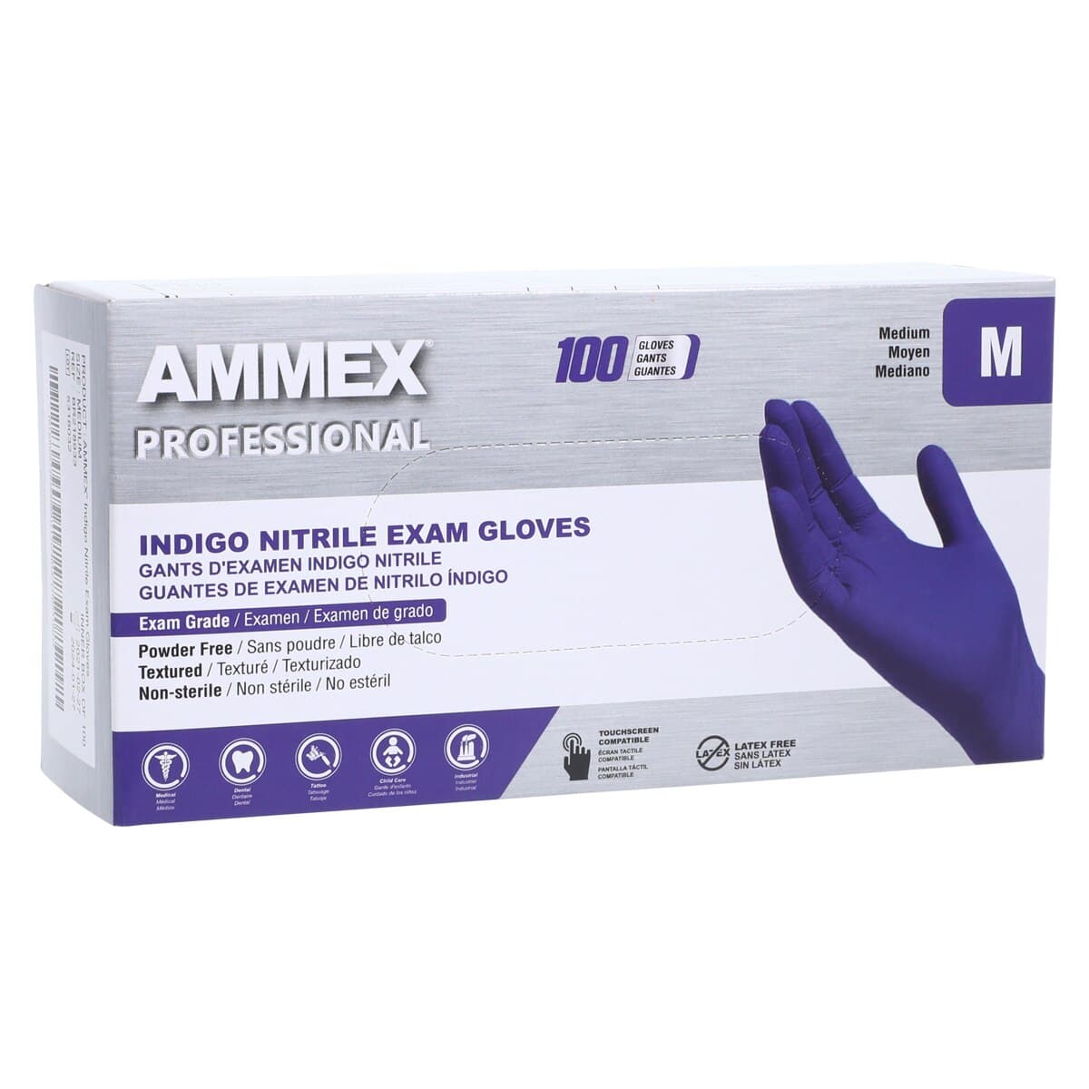 Ammex Indigo Nitrile Exam Gloves, Powder Free, Latex Free, Non-Sterile, Textured, Medium, 100/Box thumbnail 4
