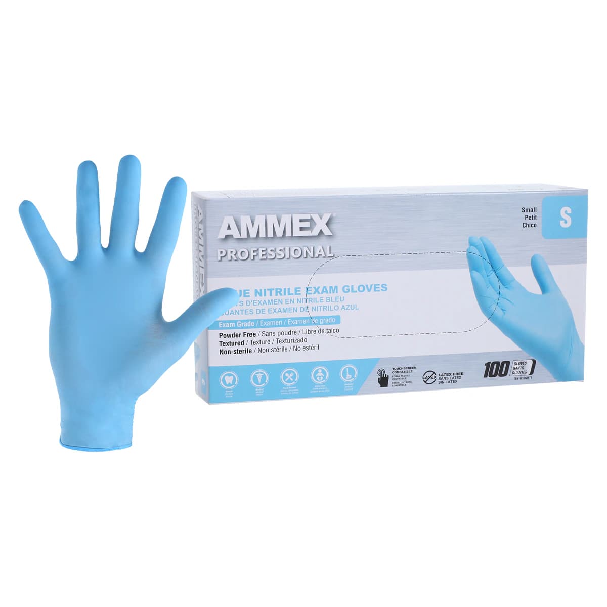 +AMMEX Nitrile Exam Gloves, Powder Free, Non-Sterile, Small, Blue, Textured, 100/Box thumbnail 2