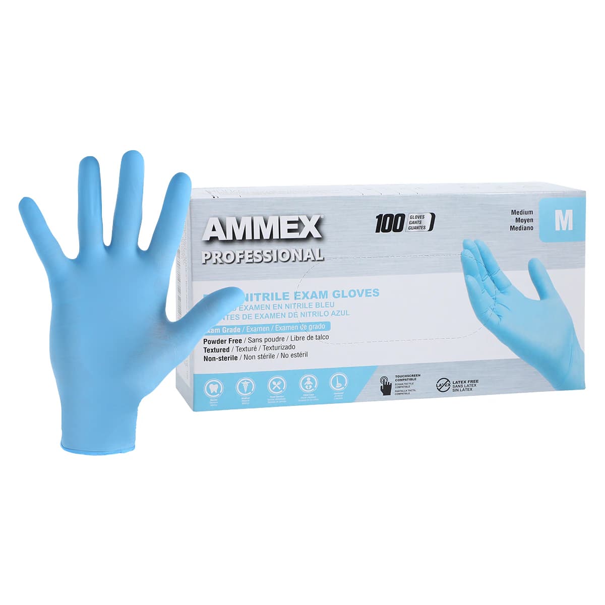 +AMMEX Nitrile Exam Gloves, Powder Free, Non-Sterile, Medium, Blue, Textured, 100/Box - +AMMEX Nitrile Exam Gloves – Latex Free, Powder Free, 100/Box - Medium - Image 1