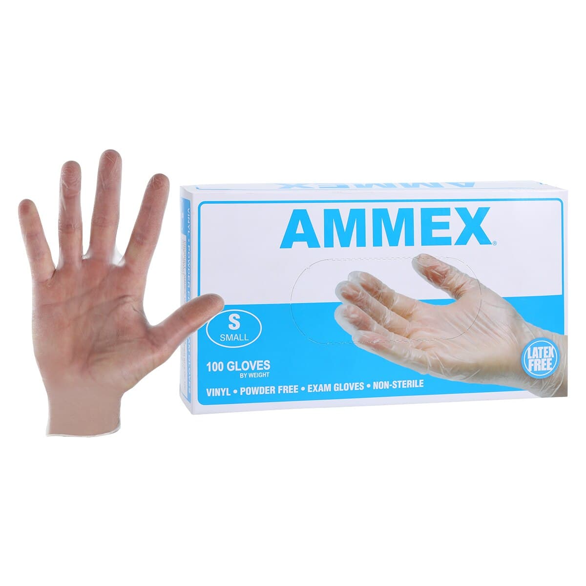 Ammex Vinyl Exam Gloves, Powder Free, Non-Sterile, Small, Clear, 100/Box thumbnail 2