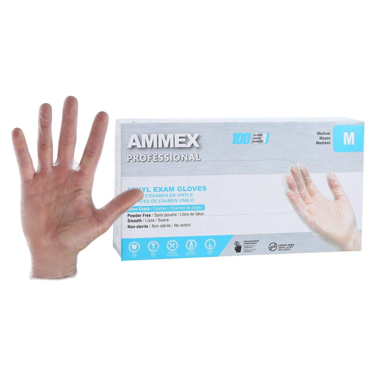 +Ammex Vinyl Exam Gloves, Powder Free, Non-Sterile, Medium, Clear, 100/Box thumbnail 2