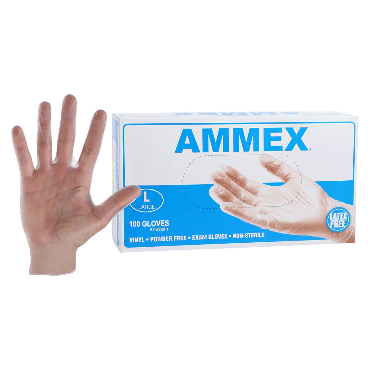 +Ammex Vinyl Exam Gloves, Powder Free, Non-Sterile, Large, Clear, 100/Box - +Ammex Vinyl Exam Gloves – Powder Free, 100/Box - Large - Image 1