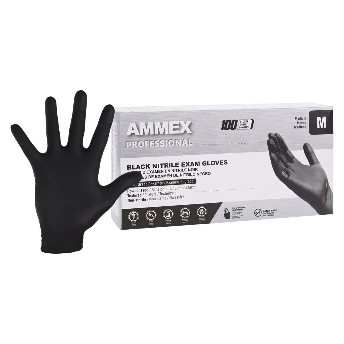 Ammex Black Nitrile Exam Gloves, Powder Free, Non-Sterile, Medium, 100/Box - Black Nitrile Exam Gloves - Image 1