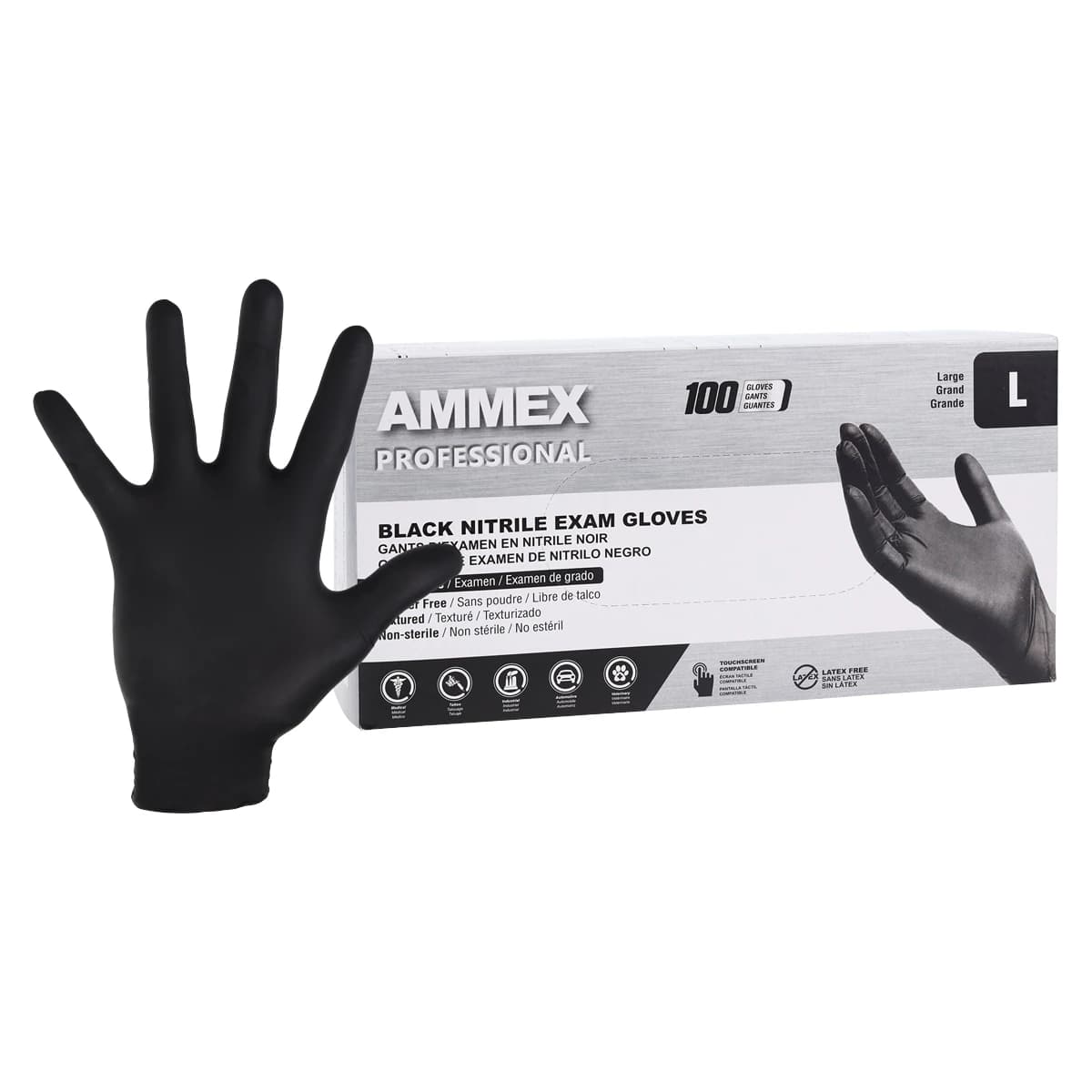 Ammex Black Nitrile Exam Gloves, Powder Free, Non-Sterile, Large, 100/Box - Black Nitrile Exam Gloves - Image 1