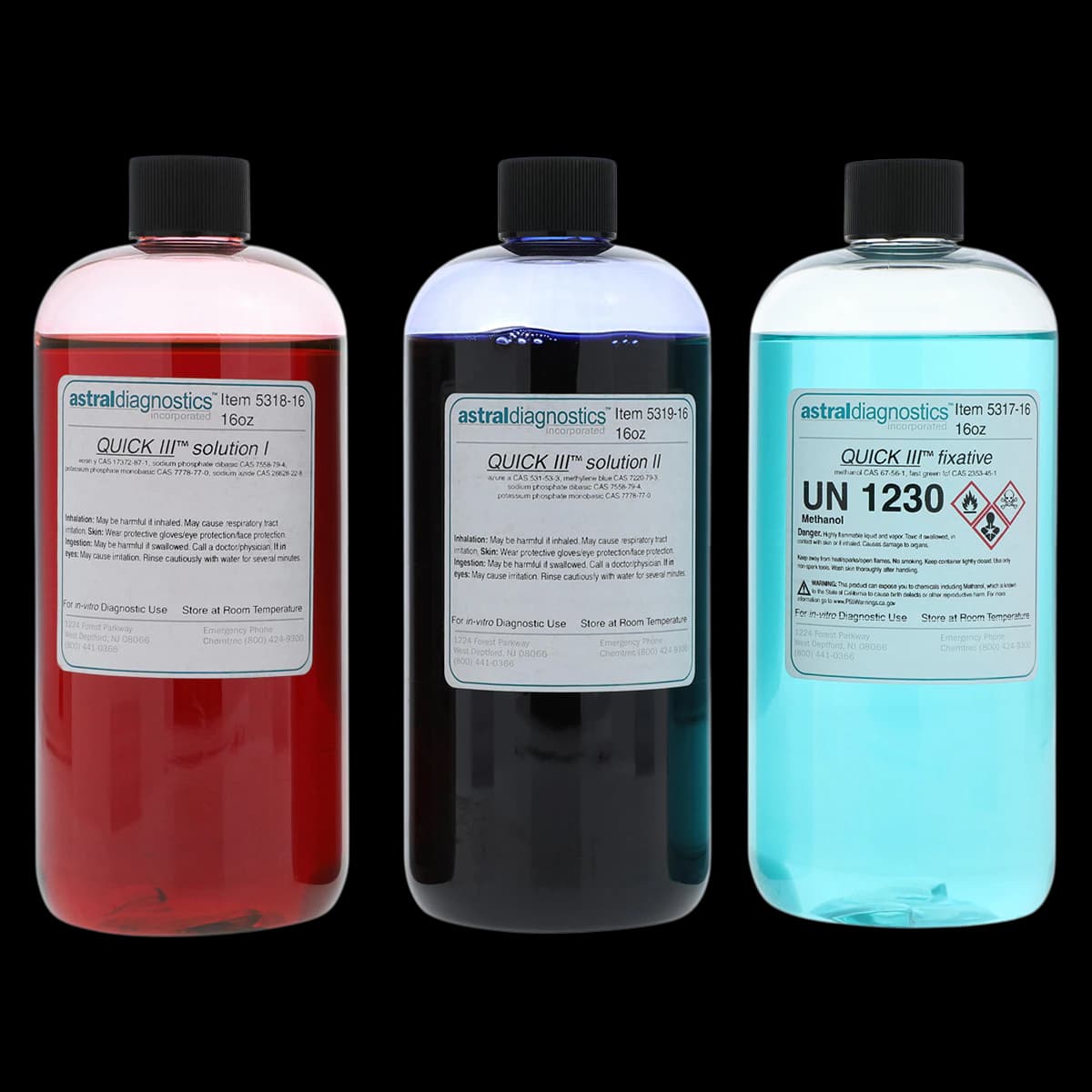 Astral Diagnostics Quick III Hematology 3-Step Stain Solution Set, 500 mL, 3 Bottles - Hematology 3-Step Set - Image 1