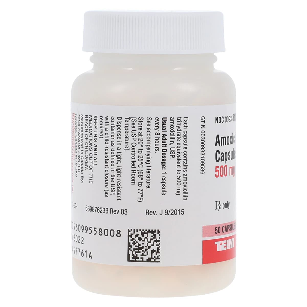 Amoxicillin Capsules 500mg, 50/Bottle, Teva Pharmaceuticals thumbnail 2