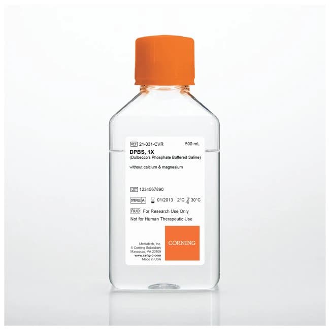 Corning cellgro DPBS 1X, Dulbecco's Phosphate-Buffered Saline without Calcium and Magnesium, 500 mL Bottle, 6/Pack - DPBS 1X w/o CA MG - Image 1