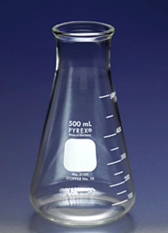 Pyrex Erlenmeyer Flask, Borosilicate Glass, 500mL, Wide Mouth, Heavy-Duty Rim, No Cap, Clear, Graduated, 36/Case - Flask Erlenmeyer HD No Cap - Image 1