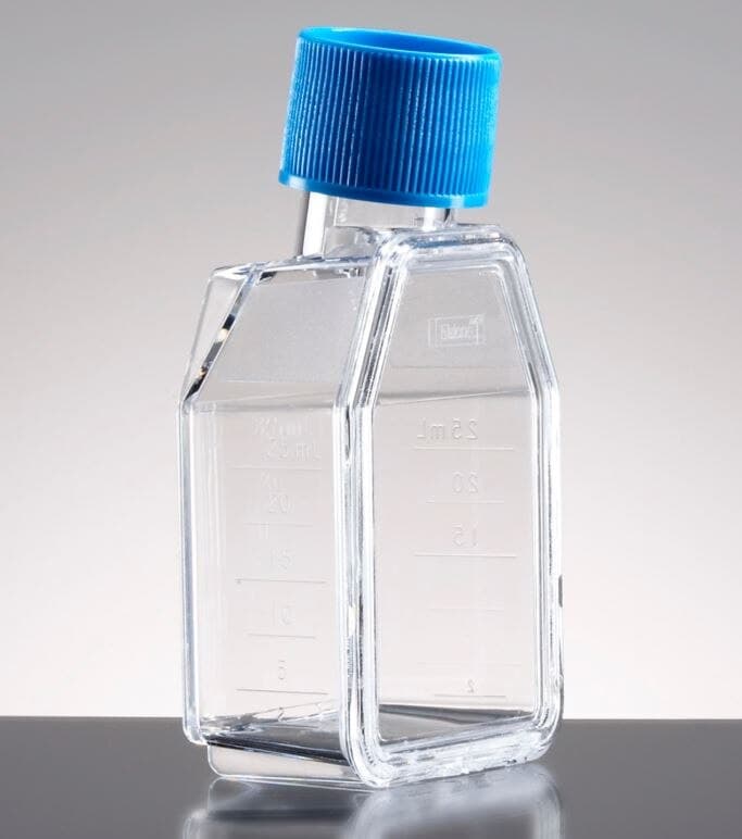 Falcon Cell Culture Flask, Polystyrene, 25mL, Rectangular Canted Neck, 12.5cm, Plug Seal Screw Cap, Clear, Graduated, Sterile, 100/Case - Flask Cell Cltr Rctngl 12.5cm - Image 1