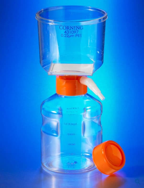 Corning Lifesciences Filter/Storage Bottle System, Cellulose Acetate Cap, 500mL, with Filter and Angled Hose Connector, 12/Case - Filter System Bottle w/ Filter - Image 1