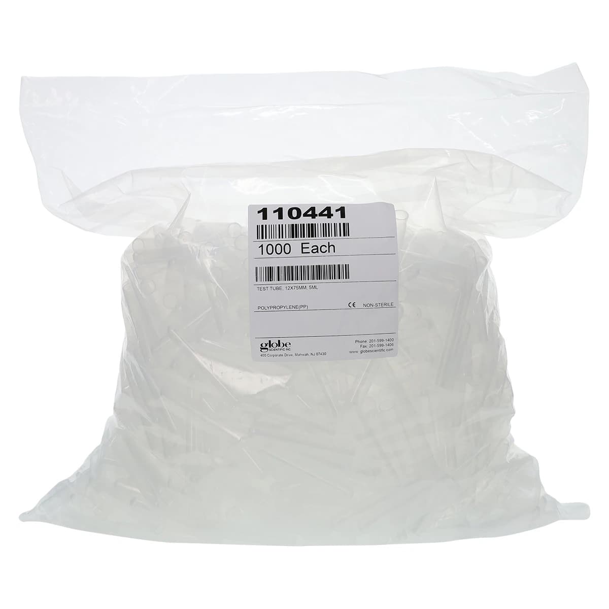 Globe Scientific Polypropylene Test Tubes, 5mL, 12x75mm, No Closure, Non-Sterile, Disposable, 1000/Pk - Test Tubes Polypropyle - Image 1