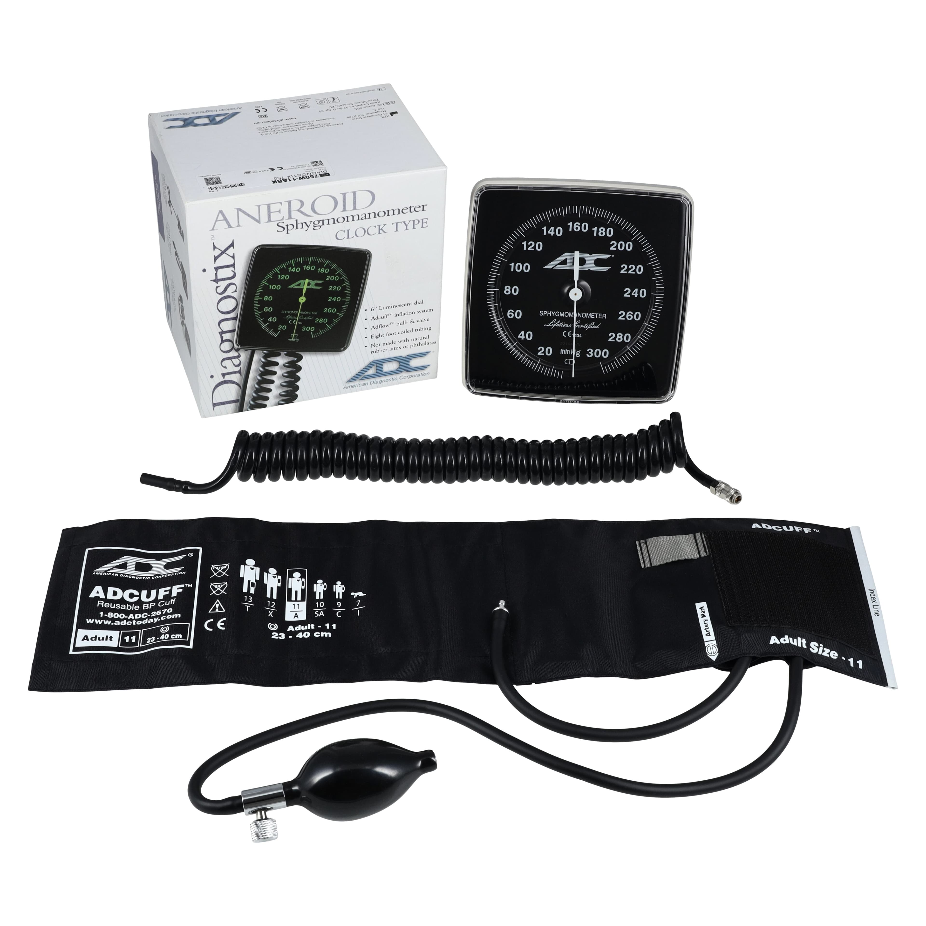 Diagnostix Wall Aneroid Sphygmomanometer, Size 11, Black/Ivory, Latex-Free, 6" Lumescent Dial - Diagnostix Wall Aneroid - Image 1