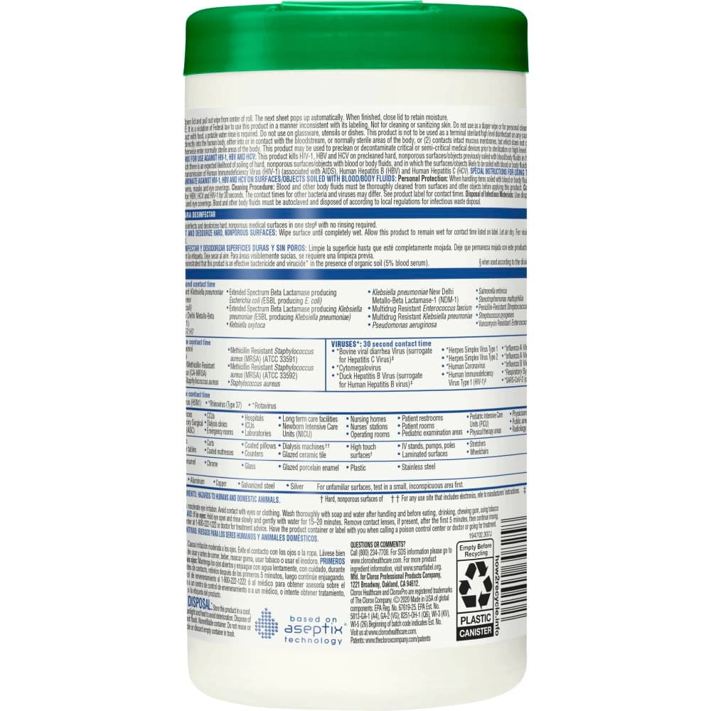 Clorox Healthcare Hydrogen Peroxide Cleaner Disinfectant Wipes, 6.75" x 5.75", 155 Wipes/Can, EPA 67619-25 thumbnail 4
