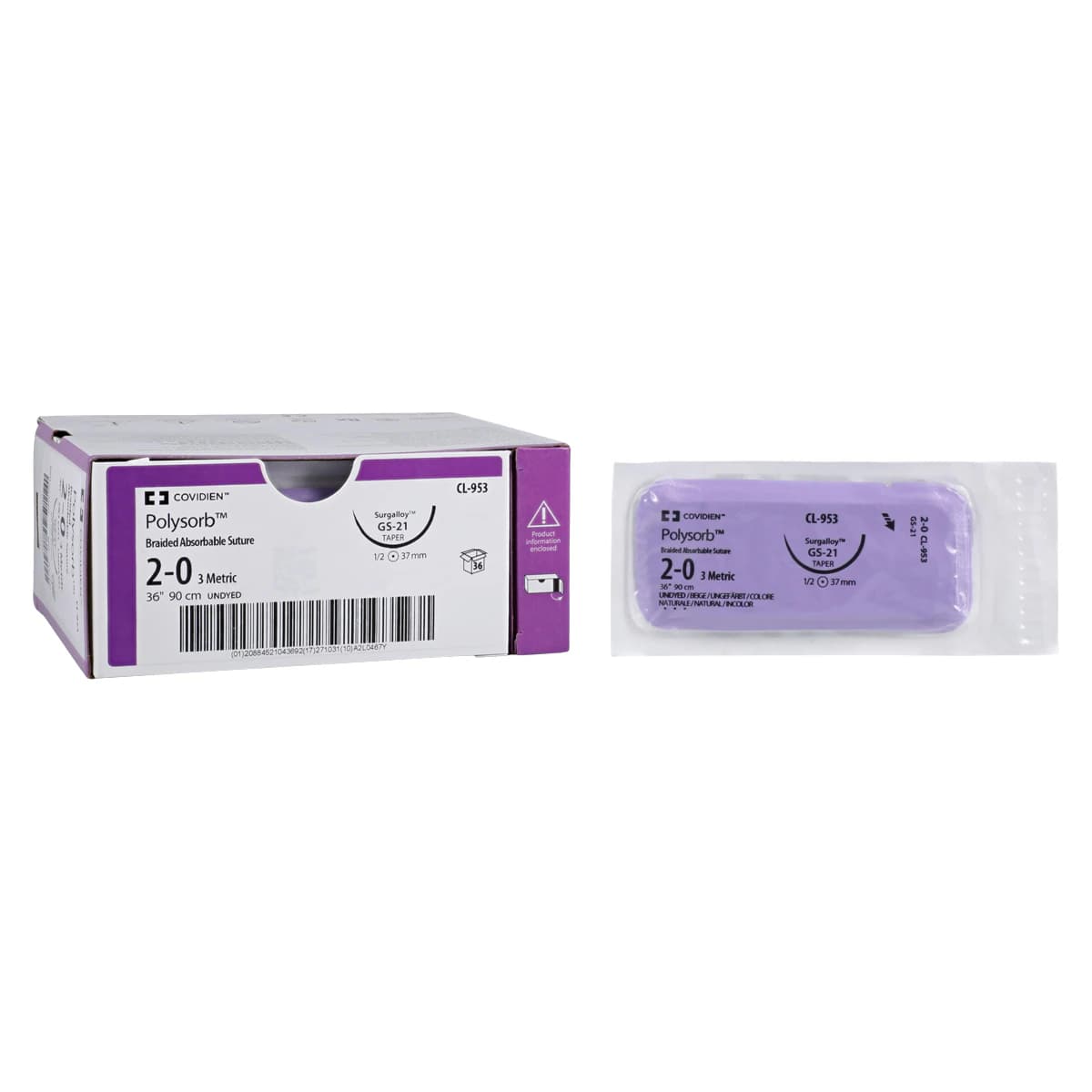 Medtronic Polysorb Suture, 2-0, 30" Polyester Braid, Absorbable, Coated, Undyed, V-20 Taper Point 1/2 Circle Needle 26mm, 36/Case - Suture Polysorb Undyed V-20 - Image 1