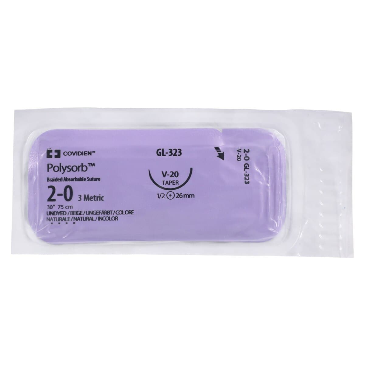 Medtronic Polysorb Suture, 2-0, 30" Polyester Braid, Absorbable, Coated, Undyed, V-20 Taper Point 1/2 Circle Needle 26mm, 36/Case thumbnail 3