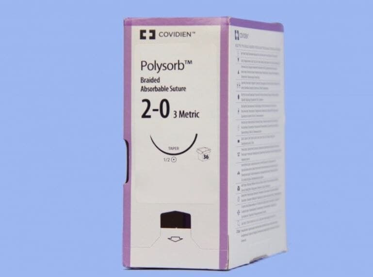 Medtronic Polysorb Suture, 2-0, 30" Polyester Braid, Absorbable, Coated, Undyed, V-20 Taper Point 1/2 Circle Needle 26mm, 36/Case thumbnail 2
