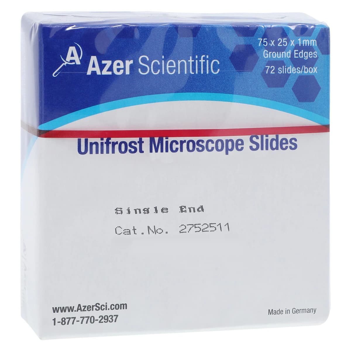 Azer Scientific Everfrost Microscope Slides, Single Frosted, 3x1 inch, White, Wet-Ground Edges, 72/Box thumbnail 2