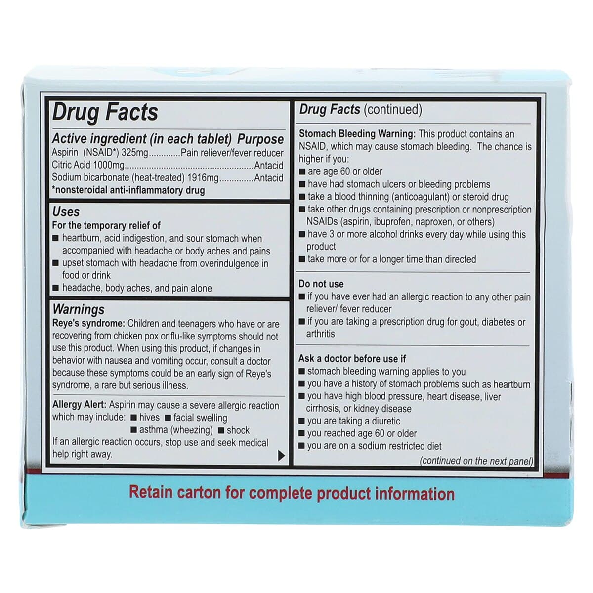 Medi-Seltzer Antacid Tablets, 325/1916/1000mg, 18 Strips x 2 Tablets/Strip, Box thumbnail 6