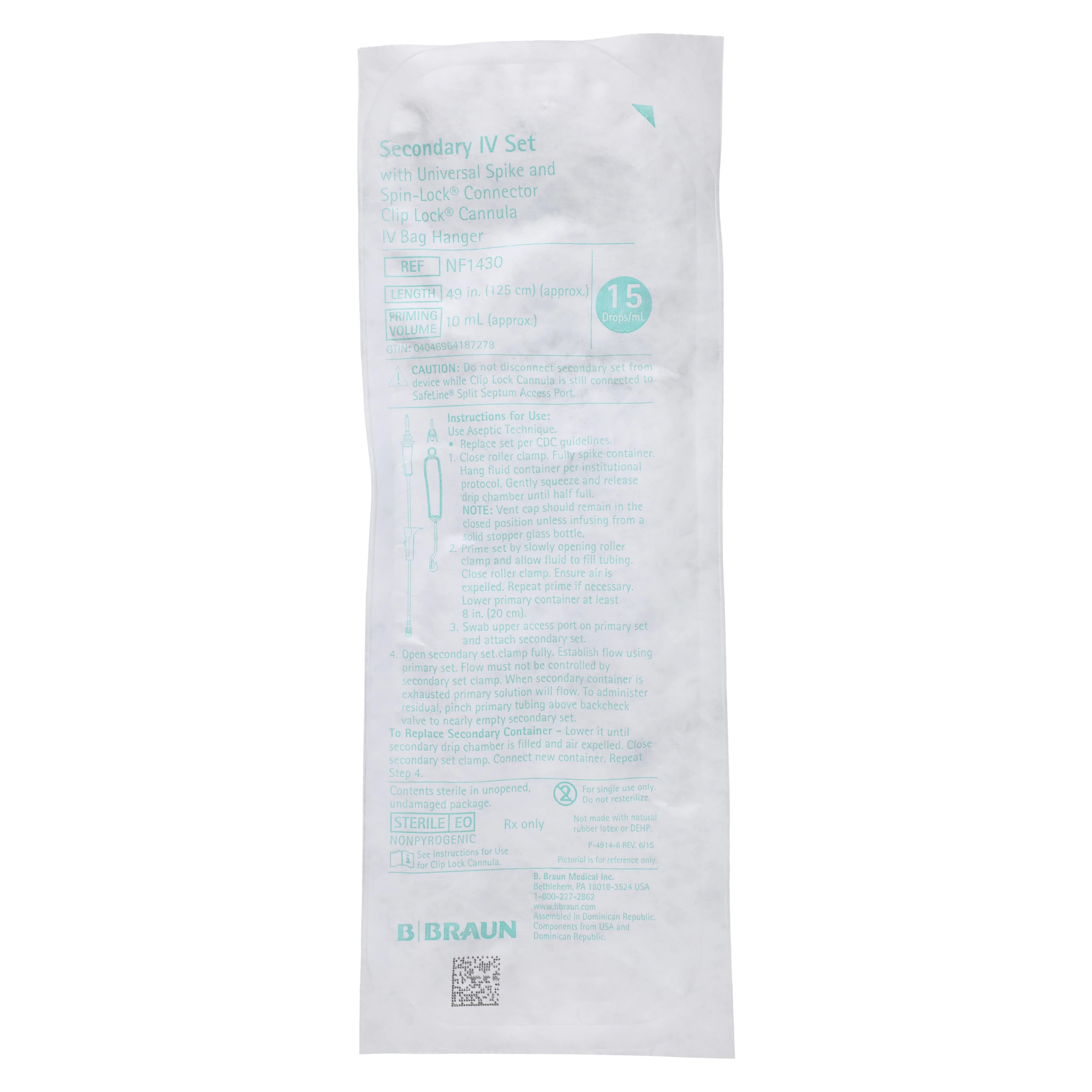 B. Braun SafeLine IV Administration Set Secondary, Needleless, 15 Drops/mL, 49" SPIN-LOCK Connector, 50/Case - IV Set Secondary 15Drop/ml - Image 1