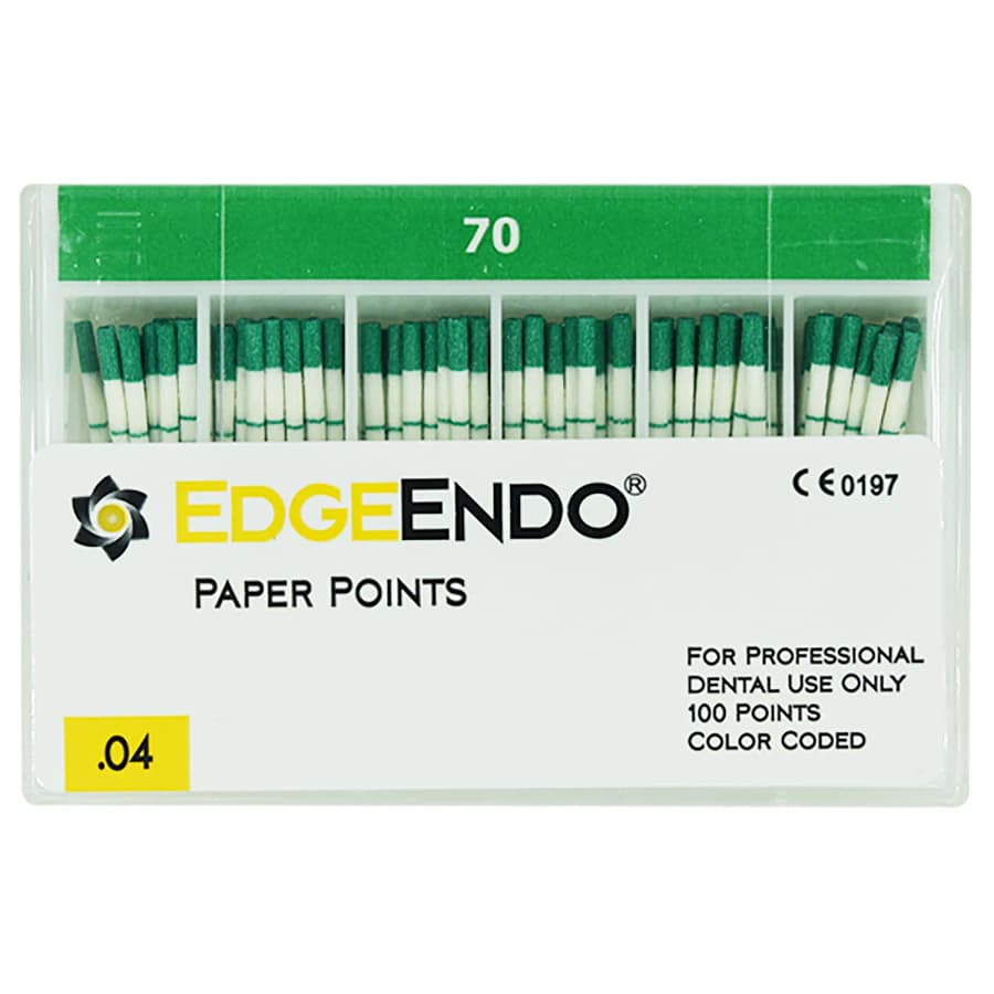 EdgeEndo 0.04 Paper Points, 29mm, ISO 70 Green, Sterile, 100/Box - EdgeEndo 0.04 Paper Points - Image 1