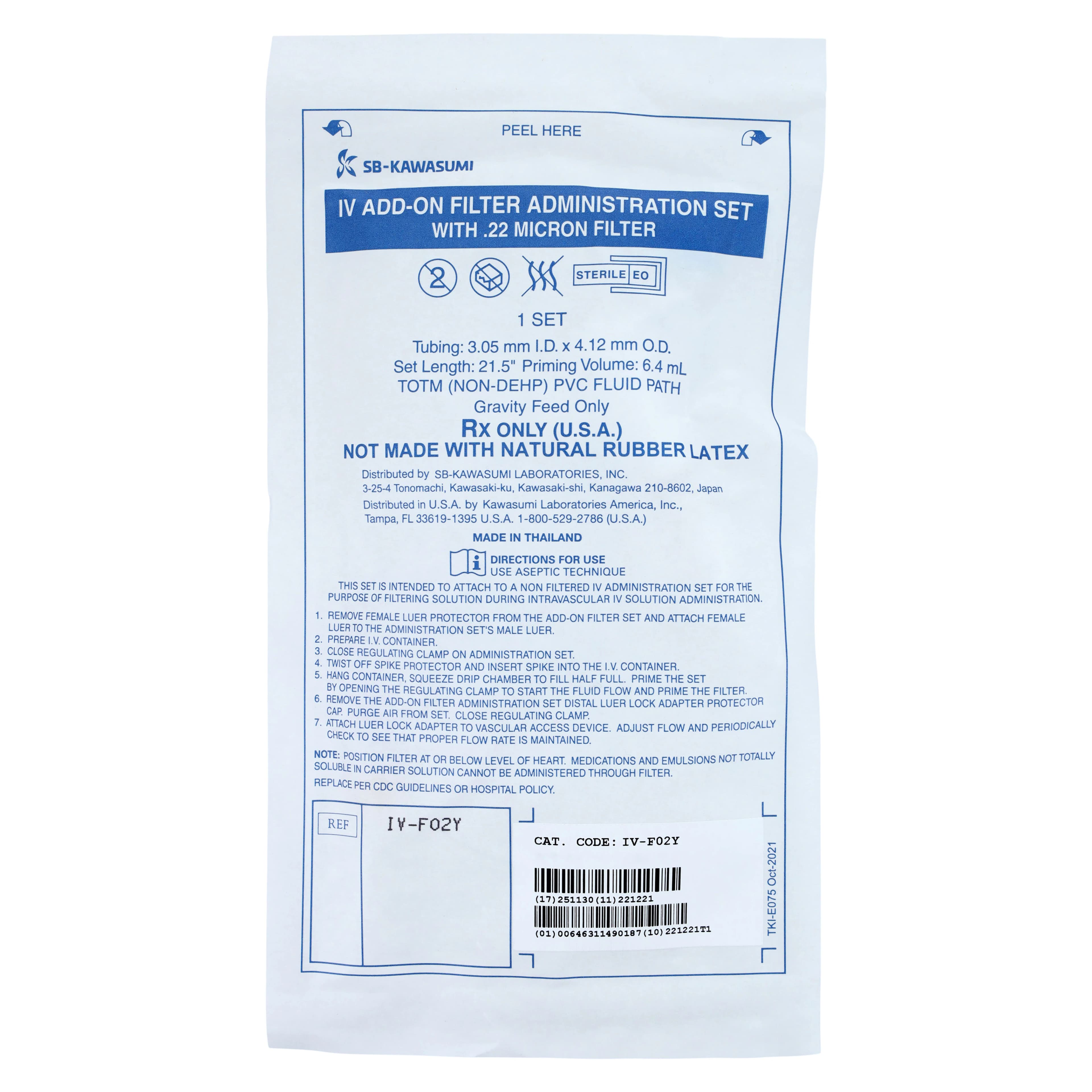 Kawasumi Add-on Filter Set, IV Administration Set with Y-Injection Site, 0.22 Micron Filter, Priming Volume 6.4 mL, 21-1/2" Gravity, Non-DEHP, Sterile, Latex-Free, Clear, 50/Case - Kawasumi Add on Filter Set - Image 1