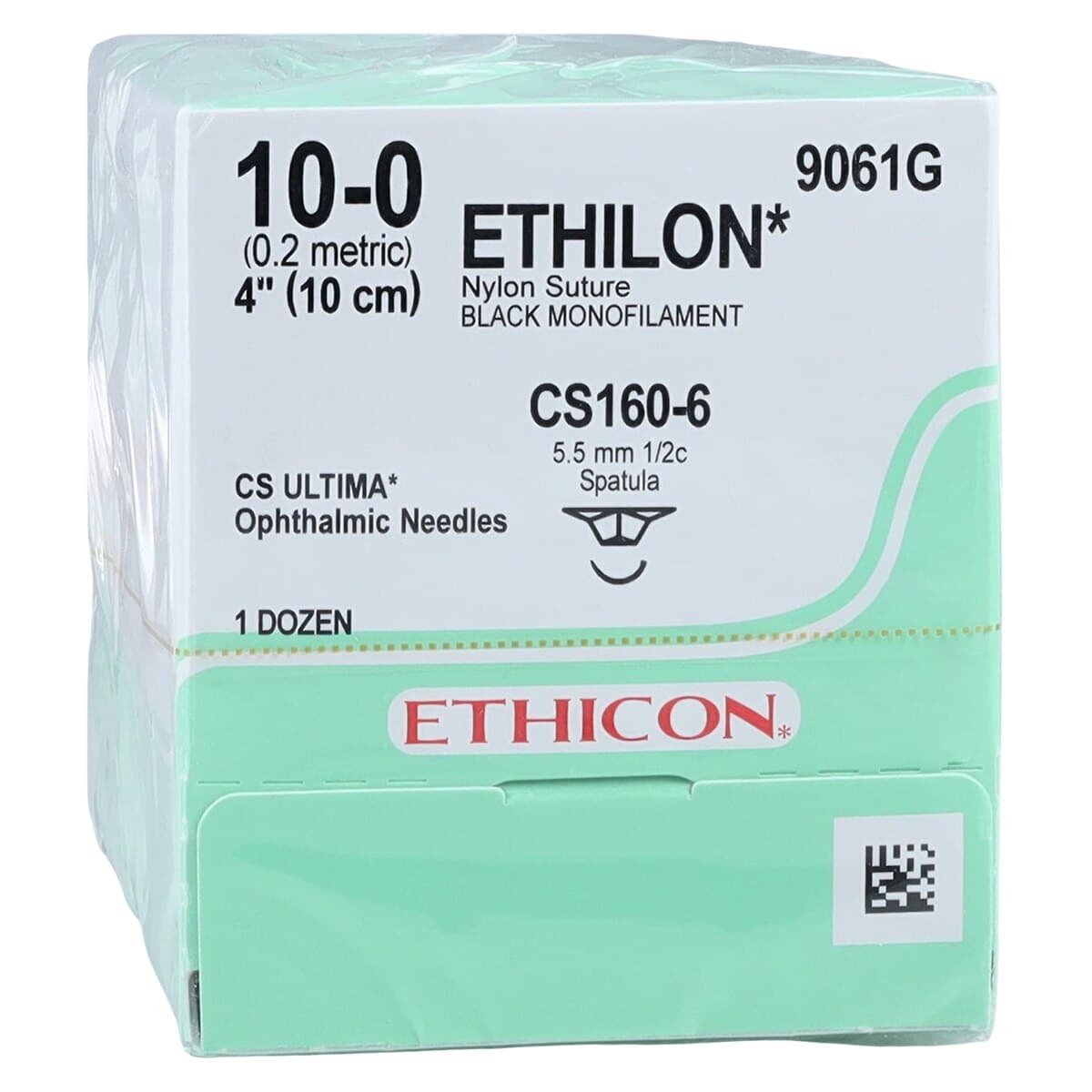 Ethicon Ethilon Nylon Monofilament Non-Absorbable Suture, Size 10-0, 4", Black, CS160-6 Ultima Spatula Needle, 1/2 Circle, 12/Box, 9061G thumbnail 2