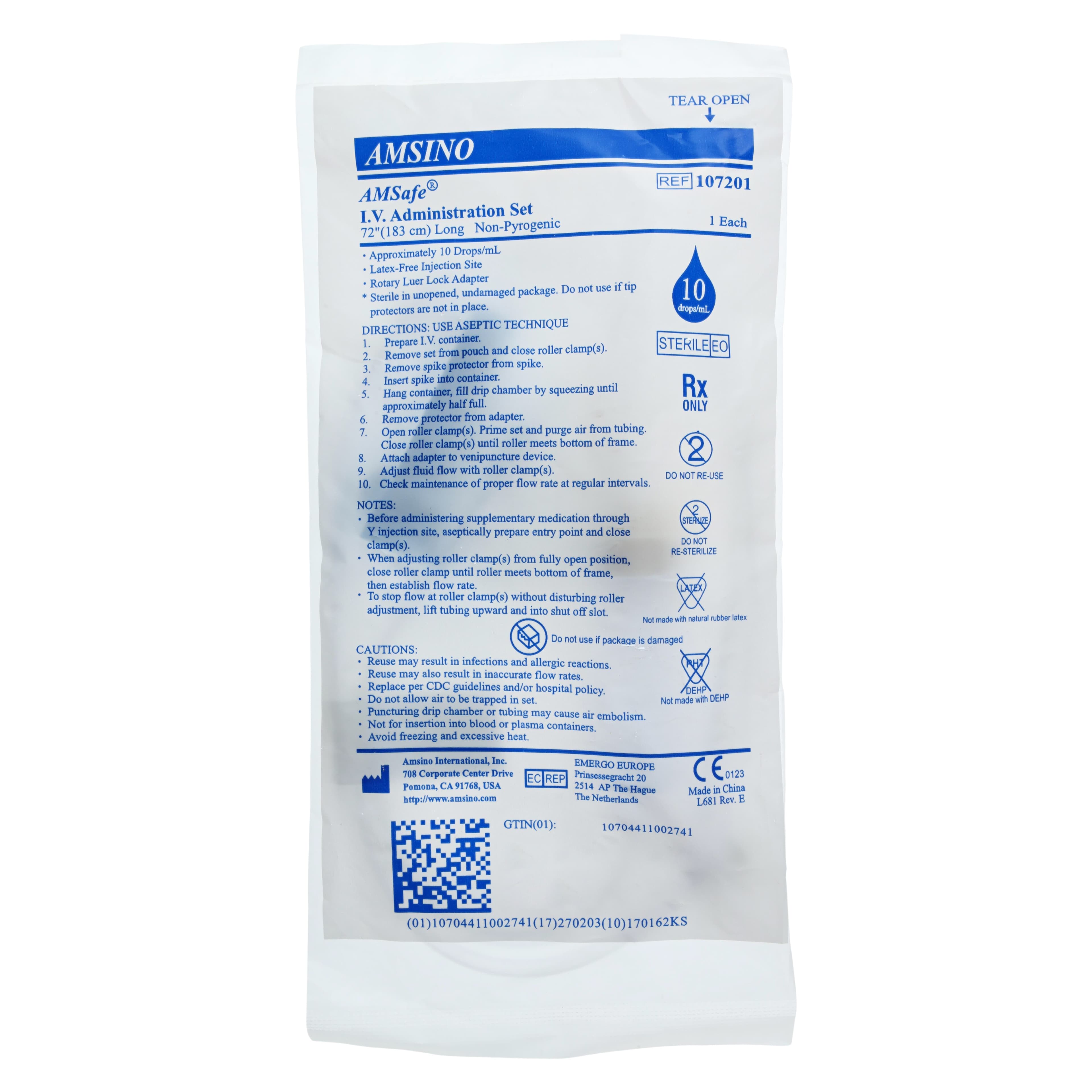 Amsafe IV Administration Set, Y-Injection Site, 10 Drops/mL, Priming Volume 15mL, 72" Tubing, Rotating Male Luer Lock, Non-DEHP, Sterile, Each thumbnail 3