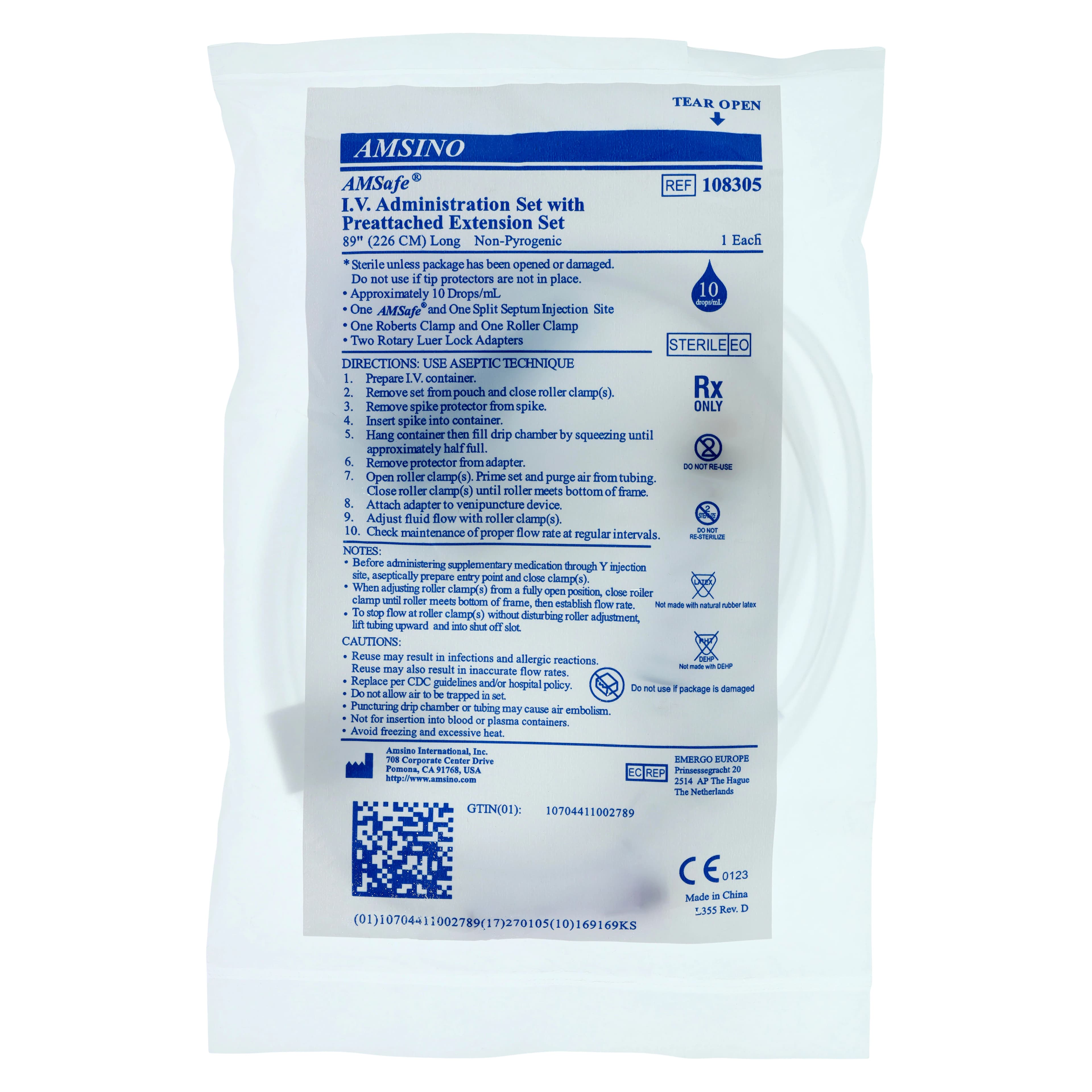 Amsino Amsafe EMS IV Administration Set, Needleless, 2 Y-Injection Sites, 10 Drops/mL, 83" with Extension Set, Non-DEHP, Sterile, Each thumbnail 3