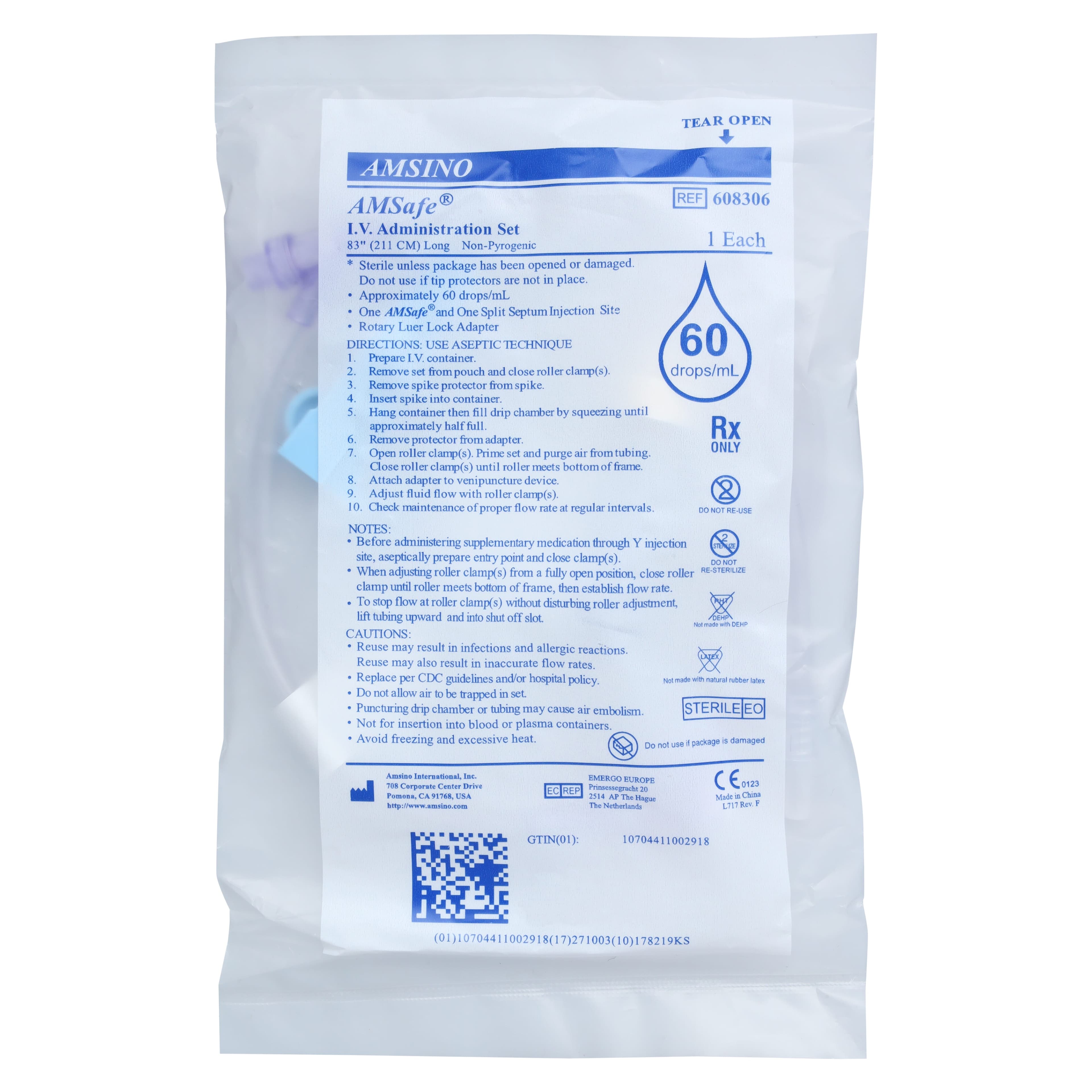 Amsafe IV Administration Set, Needleless Y-Injection Site, 60 Drops/mL, 83", Rotating Male Luer Lock, Non-DEHP, Latex-Free thumbnail 3