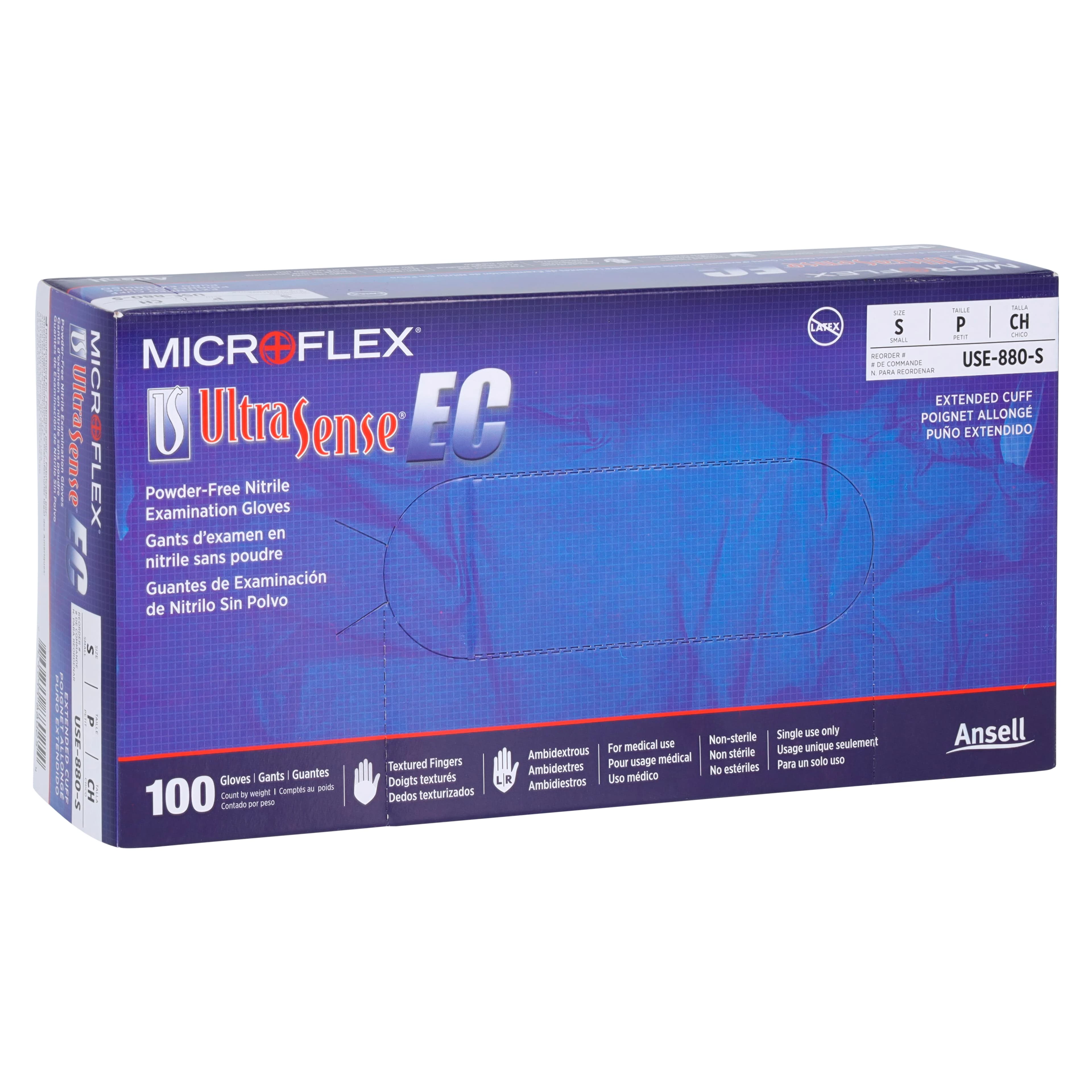 UltraSense® EC Nitrile Exam Gloves, Powder Free, Latex Free, Non-Sterile, Small, Blue, Textured, Beaded Cuff, 100/Box, USE-880 thumbnail 4