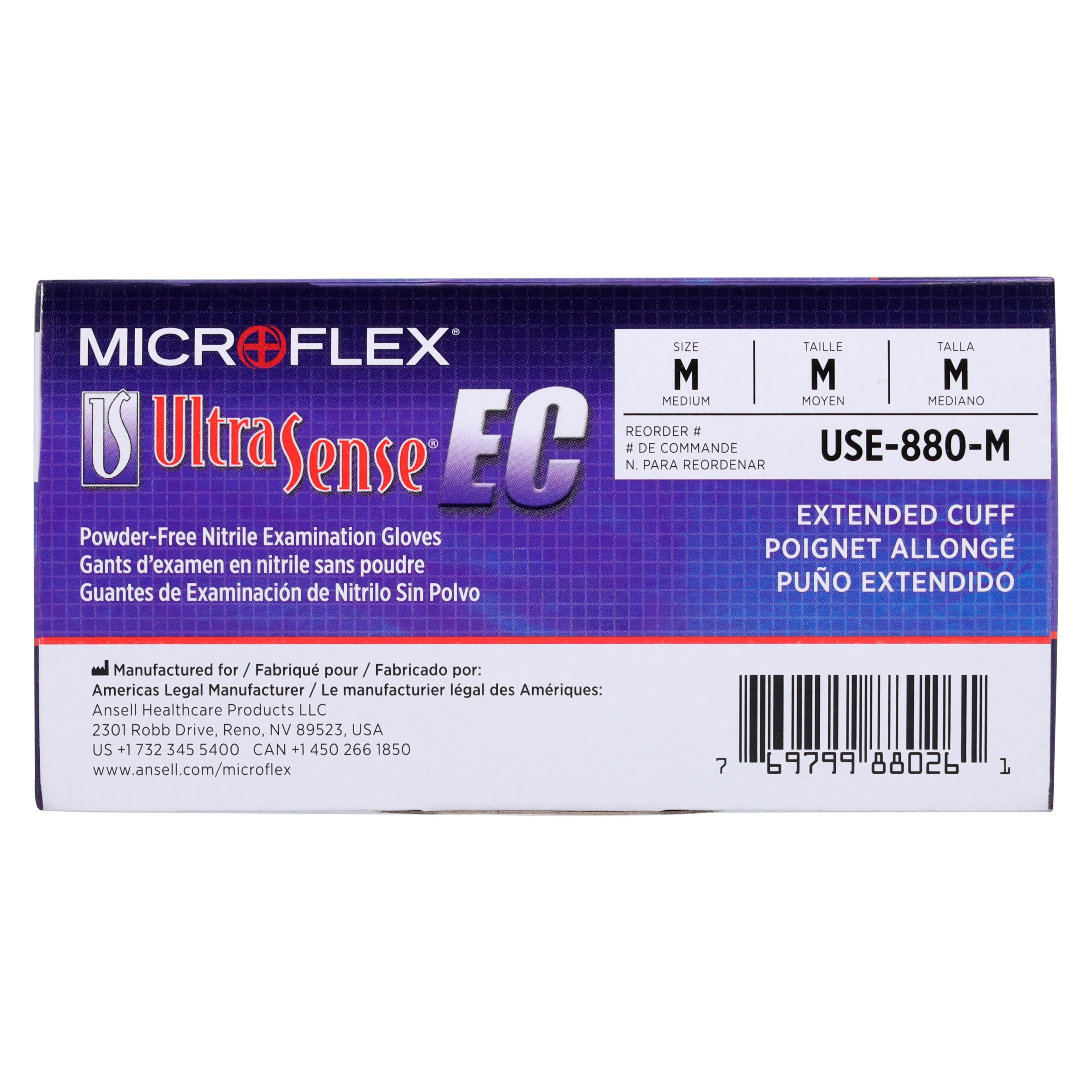 UltraSense® EC Nitrile Exam Gloves, Powder Free, Latex Free, Non-Sterile, Textured, Beaded Cuff, Extended Cuff, Medium, Blue, 100/Box, USE-880 thumbnail 5
