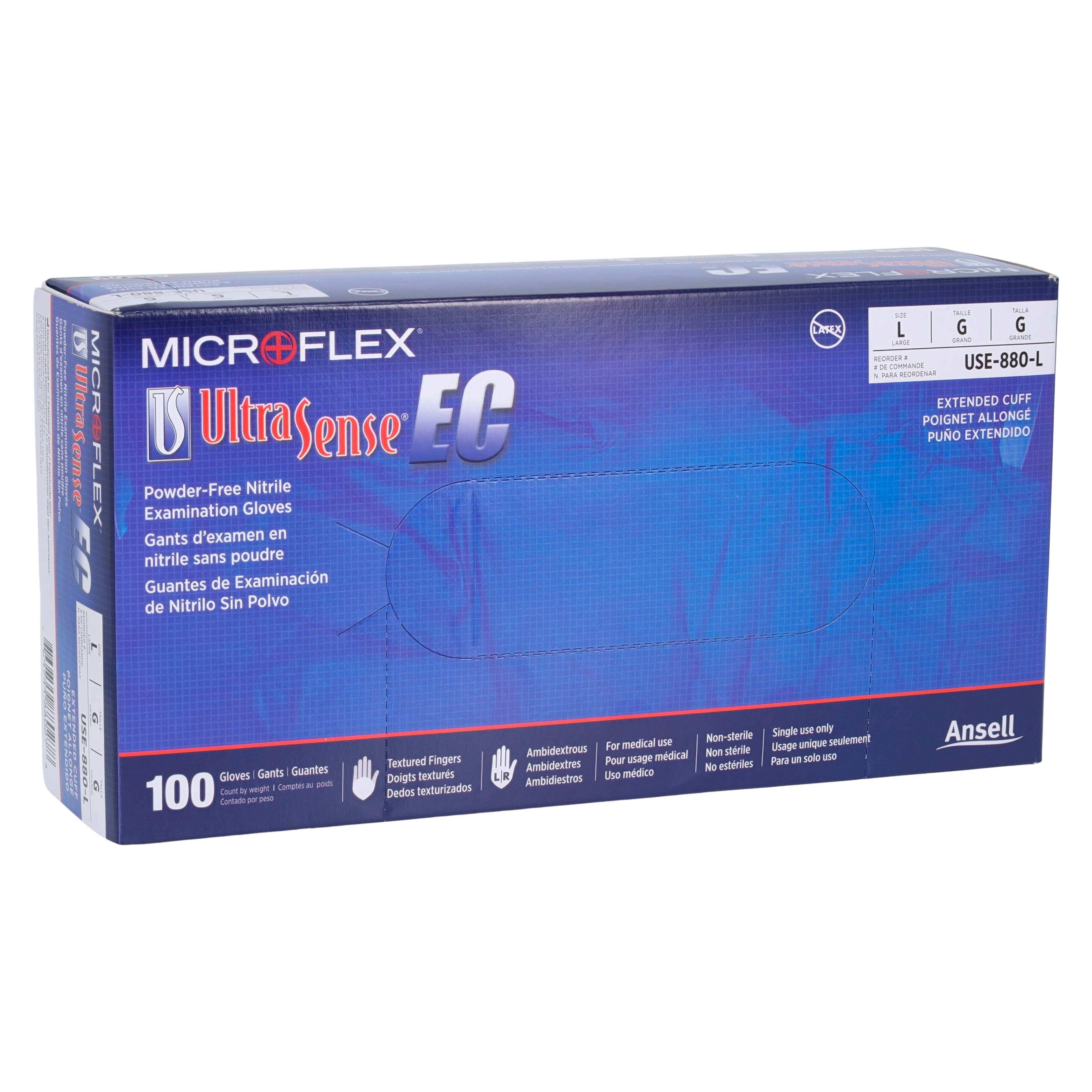 Microflex UltraSense EC Powder-Free Nitrile Exam Gloves, Large, Blue, Textured, Beaded Cuff, 100/Box thumbnail 4