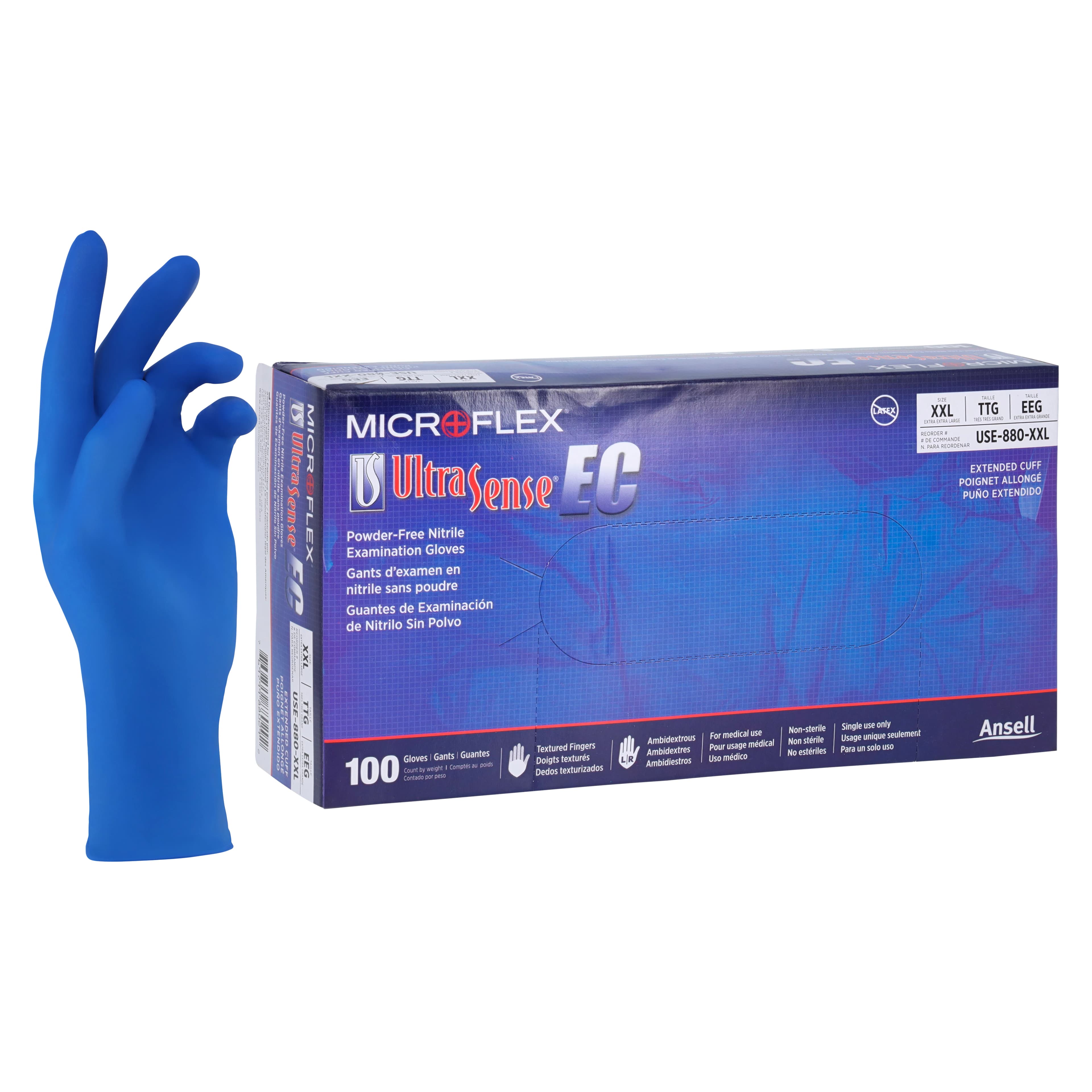 UltraSense® EC Nitrile Exam Gloves, Powder-Free, Non-Sterile, Extended Cuff, Textured, XX-Large, Blue, 100/Box thumbnail 2