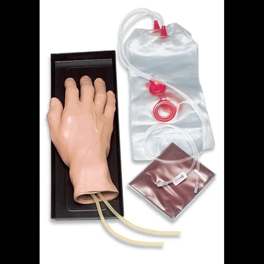 Nasco Healthcare IV Training Hand Simulator, Right, with Carry Tray, IV Reservoir Bags, and Simulated Blood Powder - IV Training Hand - Image 1