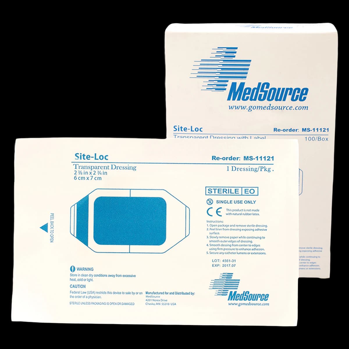 Site-Loc Polyurethane Film Transparent Dressing, 4" x 4-3/4", Sterile, Adhesive, by Medsource International - Site Loc Transparent Dressing - Image 1