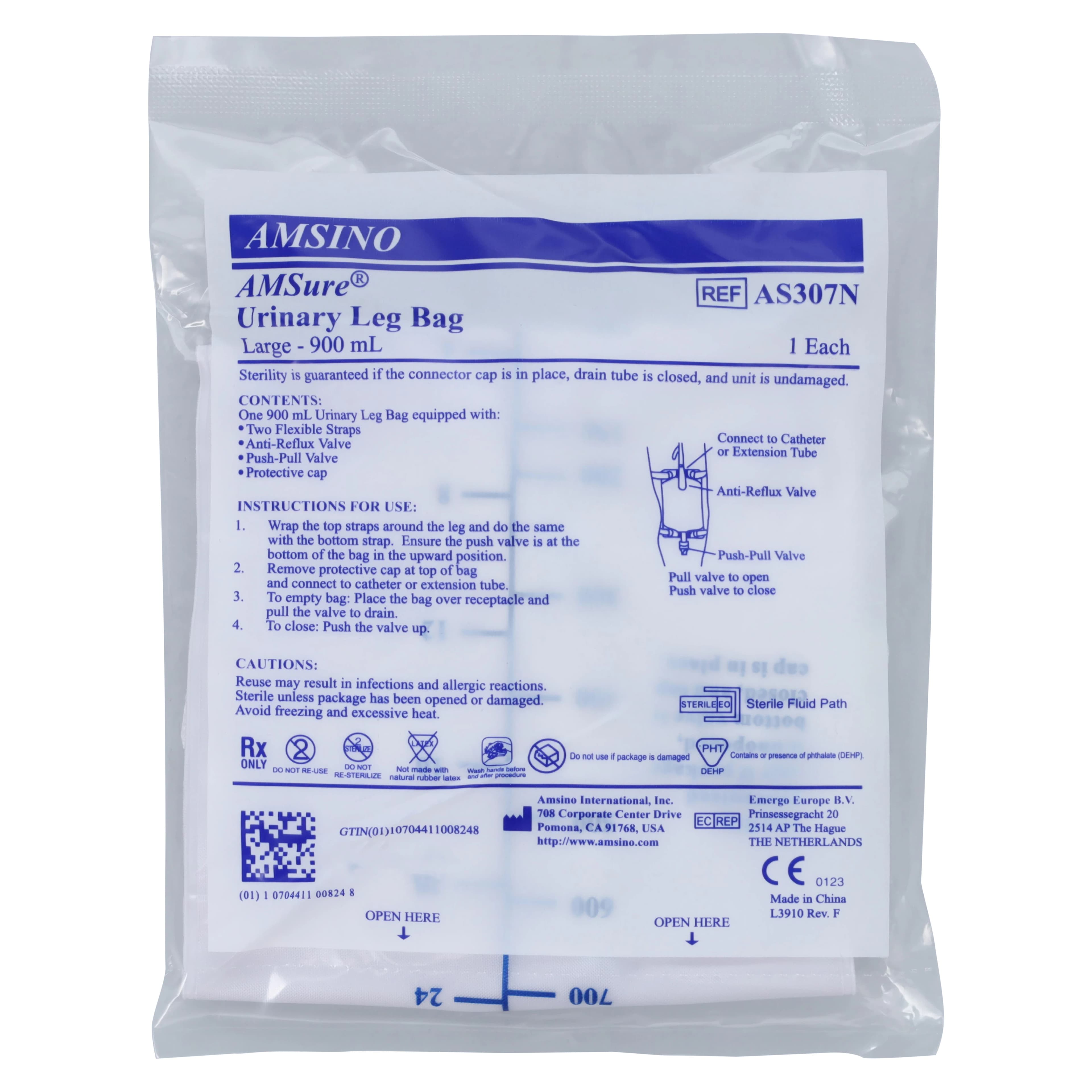 AMSure Urinary Leg Bag, 900 mL, Disposable, Twist Turn Anti-Reflux Valve, Large - Leg Bag - Image 1