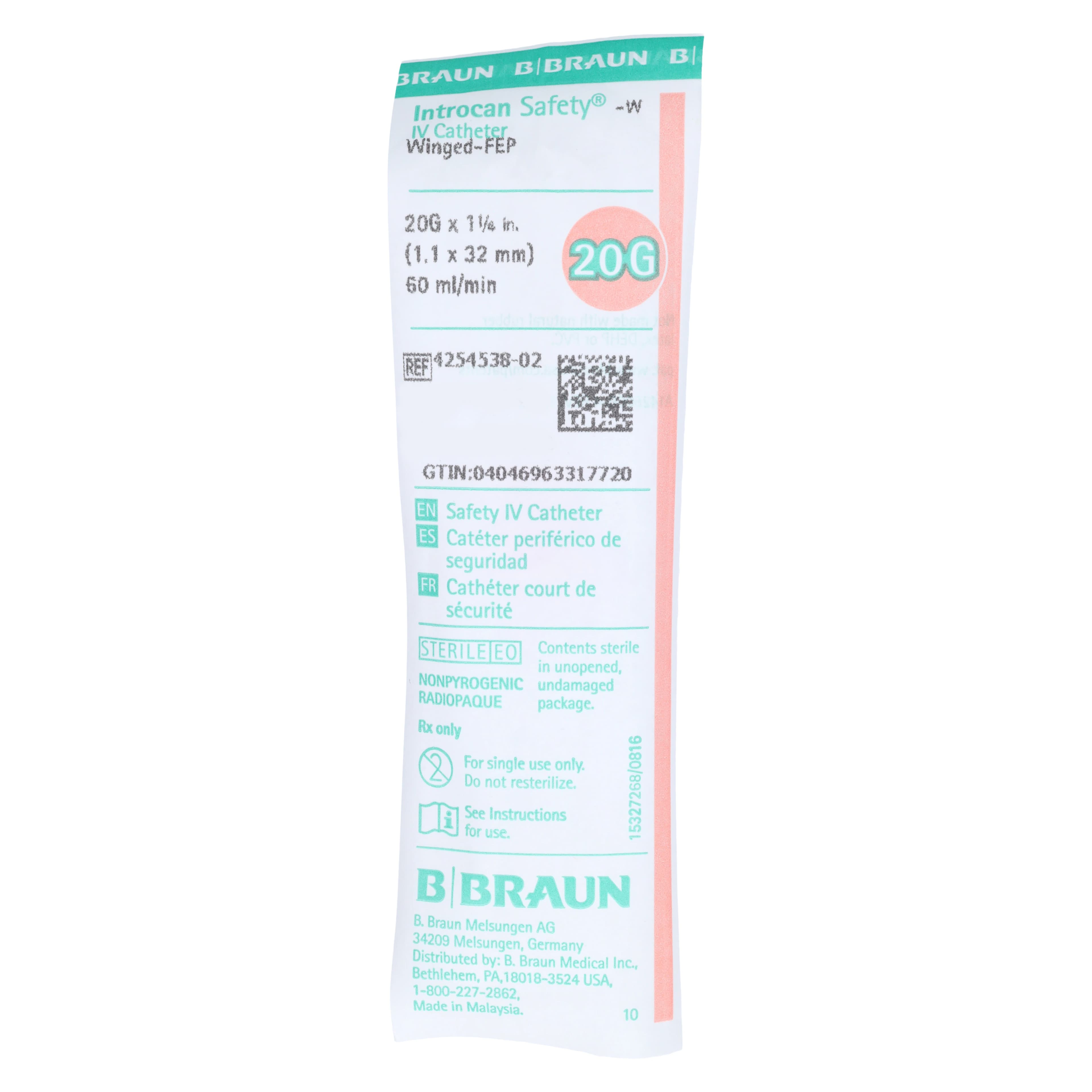 B. Braun Introcan Safety IV Catheter, 20 Gauge, 1-1/4", FEP, Straight with Wings, Pink, Sterile, 50/Box thumbnail 4
