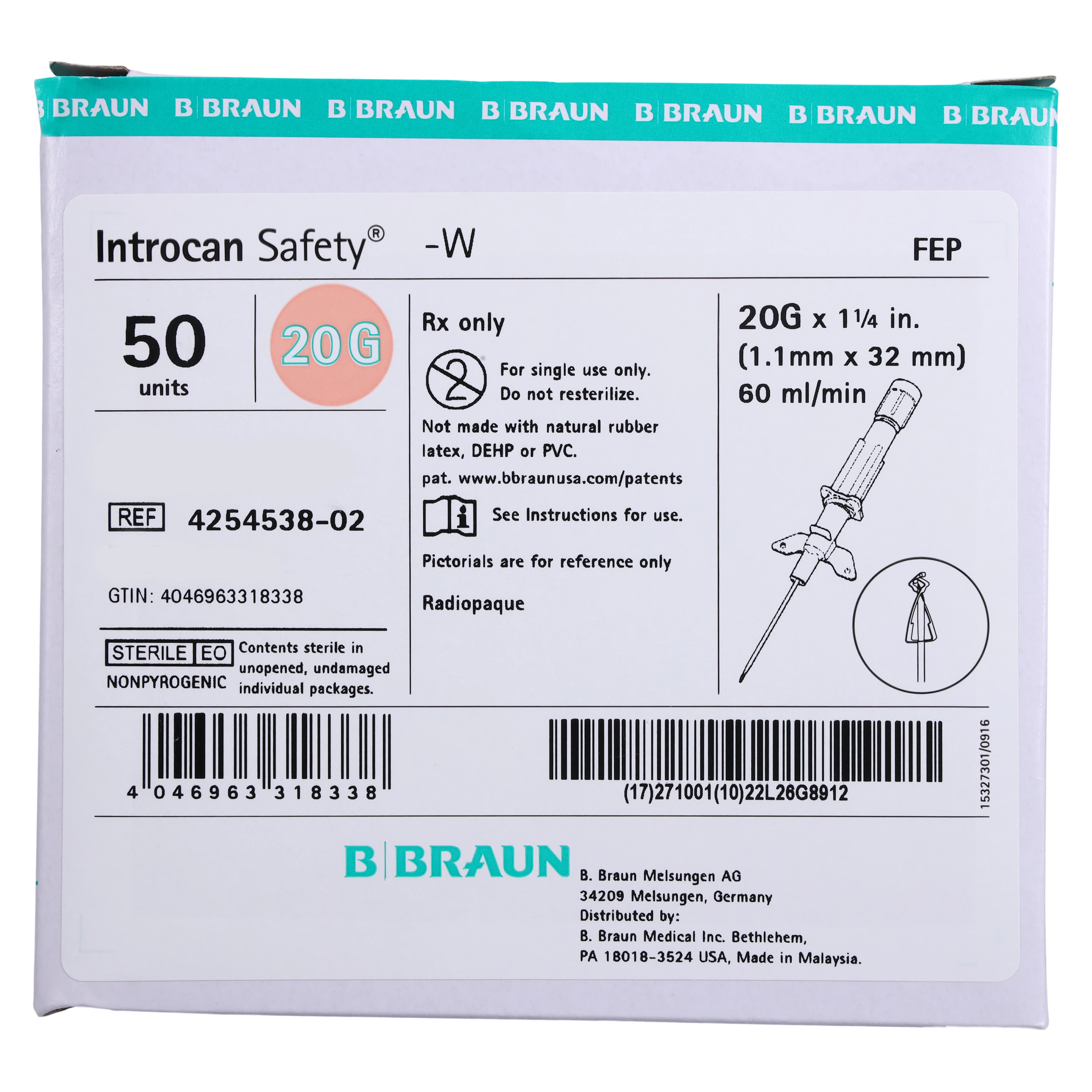 B. Braun Introcan Safety IV Catheter, 20 Gauge, 1-1/4", FEP, Straight with Wings, Pink, Sterile, 50/Box thumbnail 8